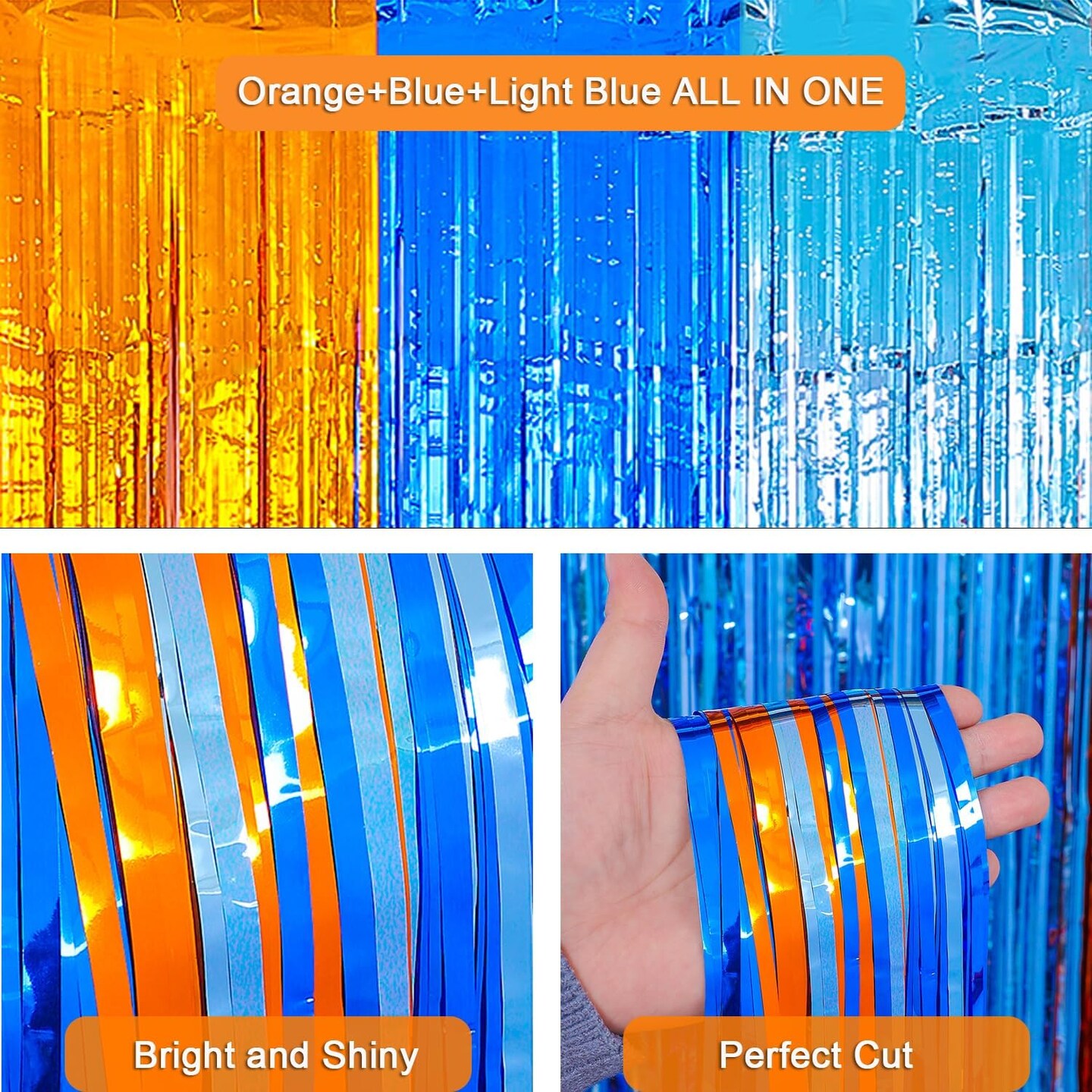 2-Pack Orange & Light Blue Foil Fringe Curtains 3.3x6.6ft Blue Dog Theme Party Backdrop Decorations