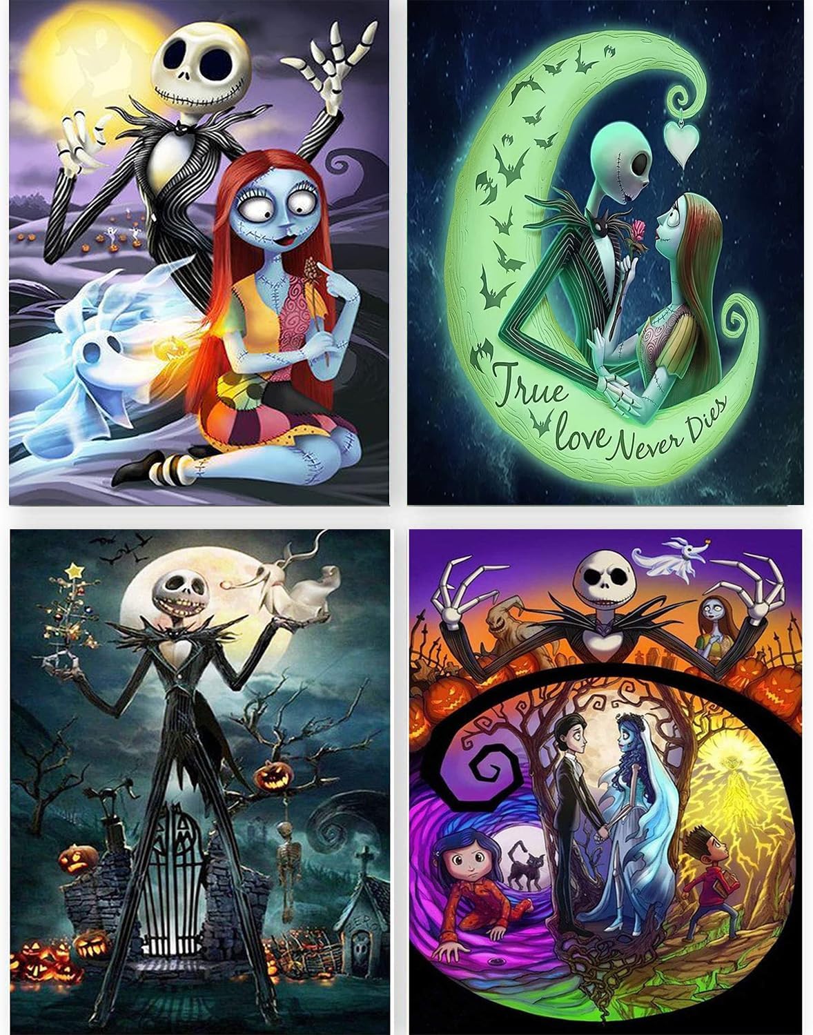 4 Pack Diamond Painting Kits for Adults DIY 5D Jack&Sally Halloween Diamond Art Paint with Round Diamonds Full Drill Nightmare Gem Art Painting Kit