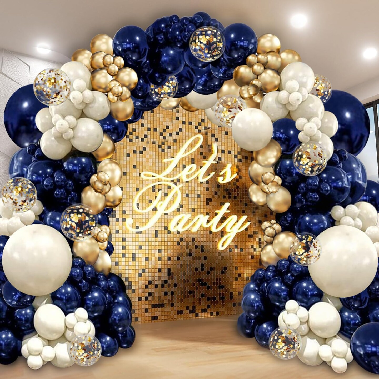 Navy Blue Gold Balloon Garland Arch Kit, Double Stuffed Pearl White Royal Blue Chrome Gold with Confetti Balloons for New Year Graduation Birthday Wedding Baby Shower Party Decorations