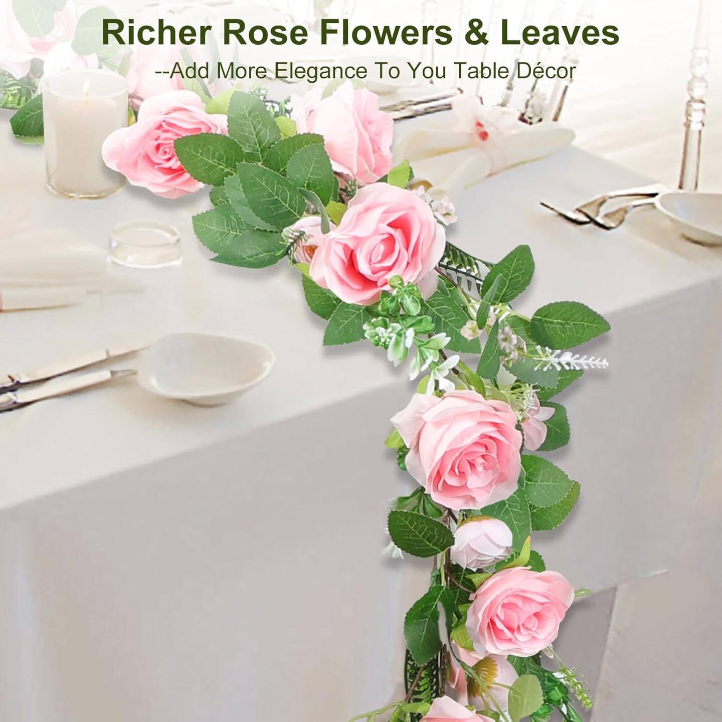 Full Pink Flower Garland, 6.2FT Artificial Rose Floral Vine Pretty Spring Pink Flower Garland for Wedding Arch Decor Home Backdrop Wall Table Centerpiece Valentines Decoration