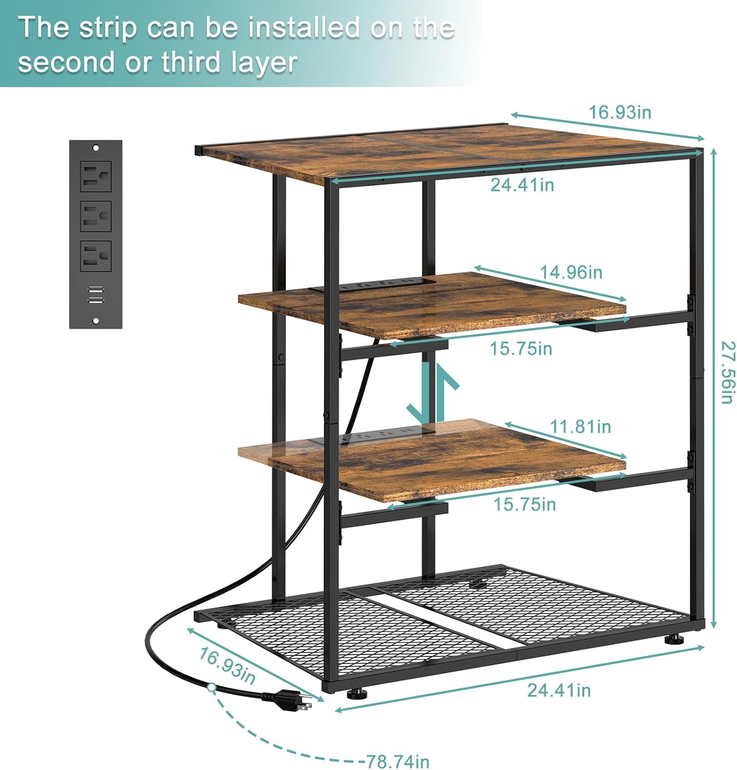 4-Tier Brown AV Media Stand with Charging Station - Corner Stereo Cabinet for Record Players, Game Consoles, TVs (24.4&#x22;W/62cm x 27.6&#x22;H/70cm)