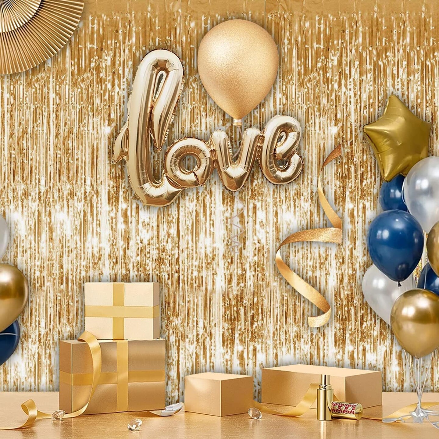 3-Pack Gold Metallic Foil Fringe Curtains 3.3x6.6ft Party Backdrop Decorations