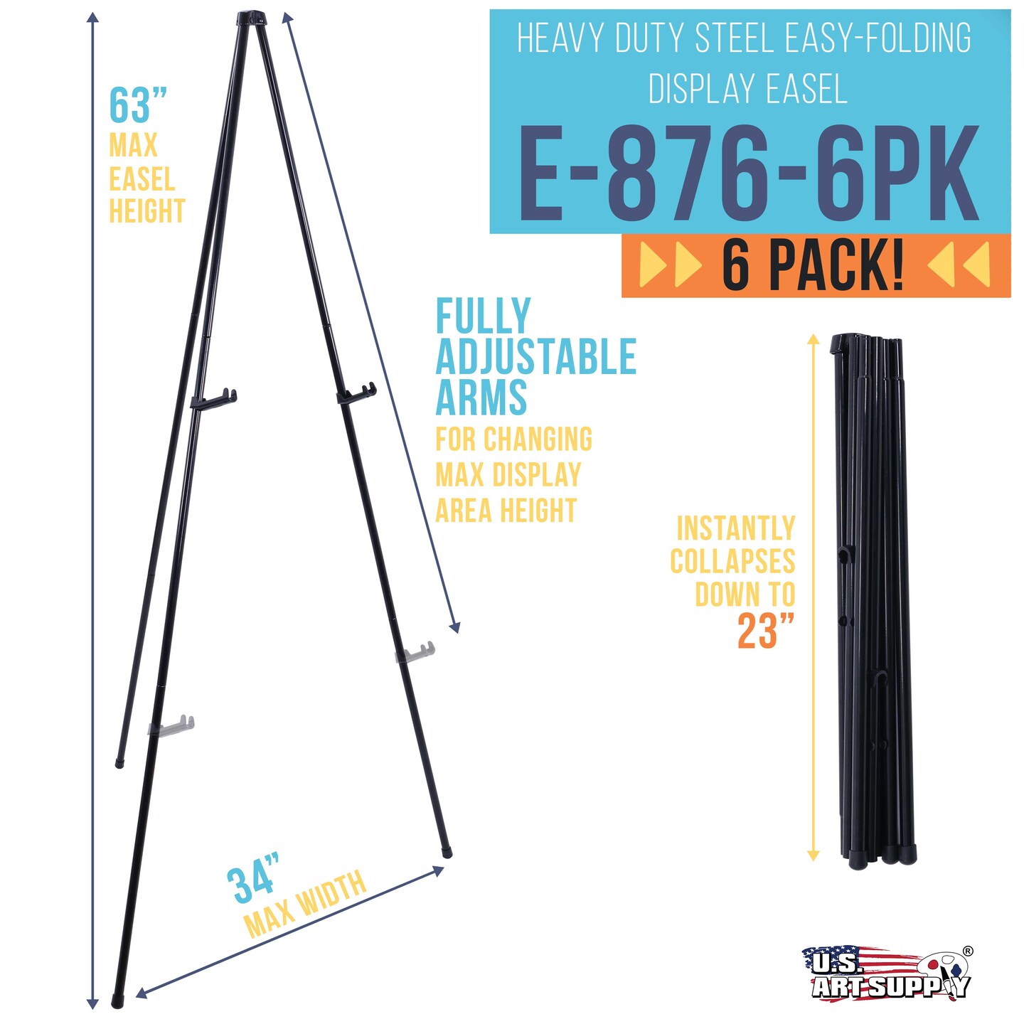 63&#x22; High Heavy Duty Metal Folding Display Easel (6 Pack) - Adjustable Height, Holds 10 lbs - Portable Art Easel Stand - For Sign, Poster, Canvas, Painting, Picture Display