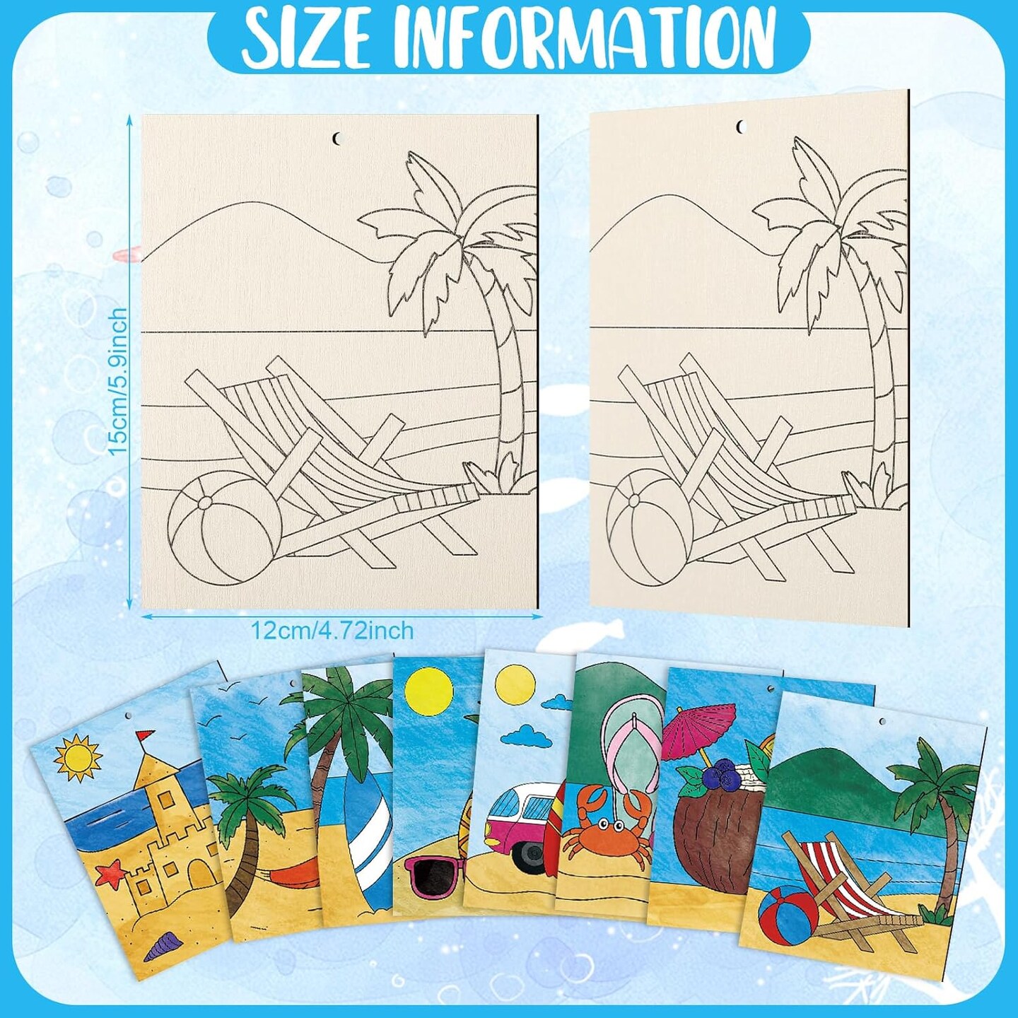 24 Pcs Large Summer Unfinished Wood Crafts to Paint, Predrilled Beach Coconut Surfboard Wooden Slices with Rope Hawaii Coloring Ornament Crafts for Summer DIY Home Party Activities