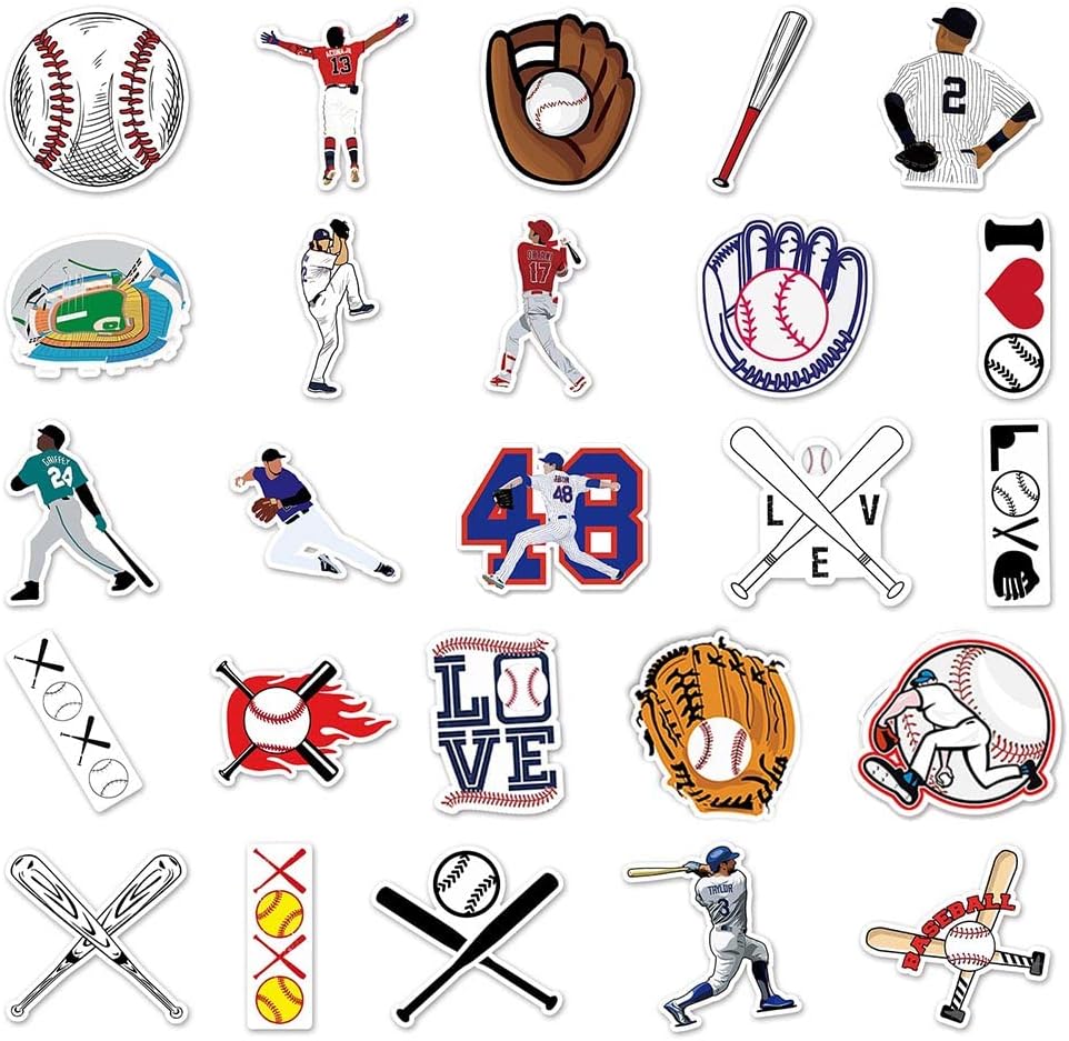 Baseball Game Stickers |50 Pcs Baseball Waterproof Vinyl Decals for Water Bottles Laptop Luggage Cup Computer Mobile Phone Skateboard Guitar Helmet Snowboard D&#xE9;cor