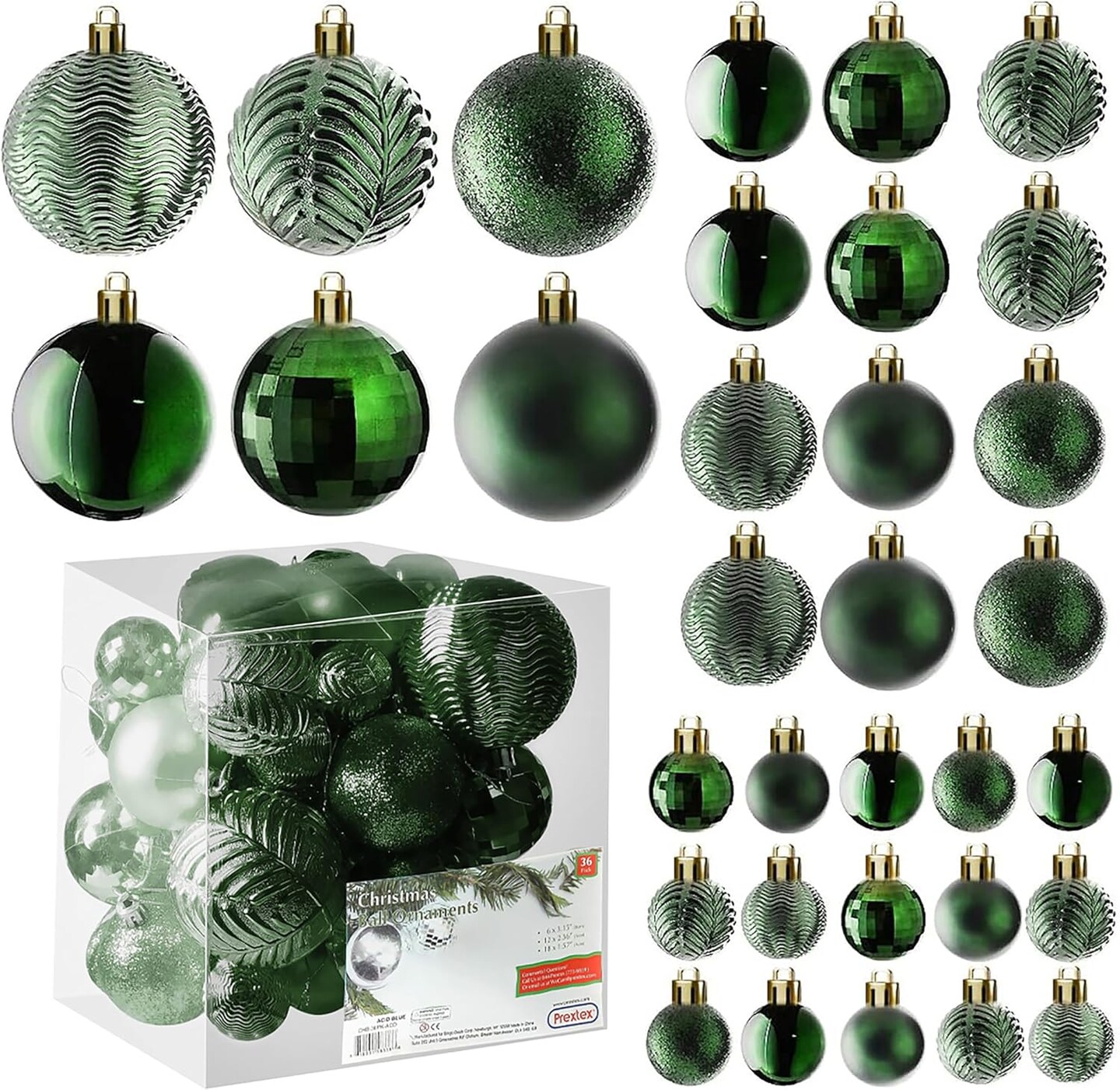 36-piece emerald green shatterproof Christmas ornaments for indoor/outdoor decor.