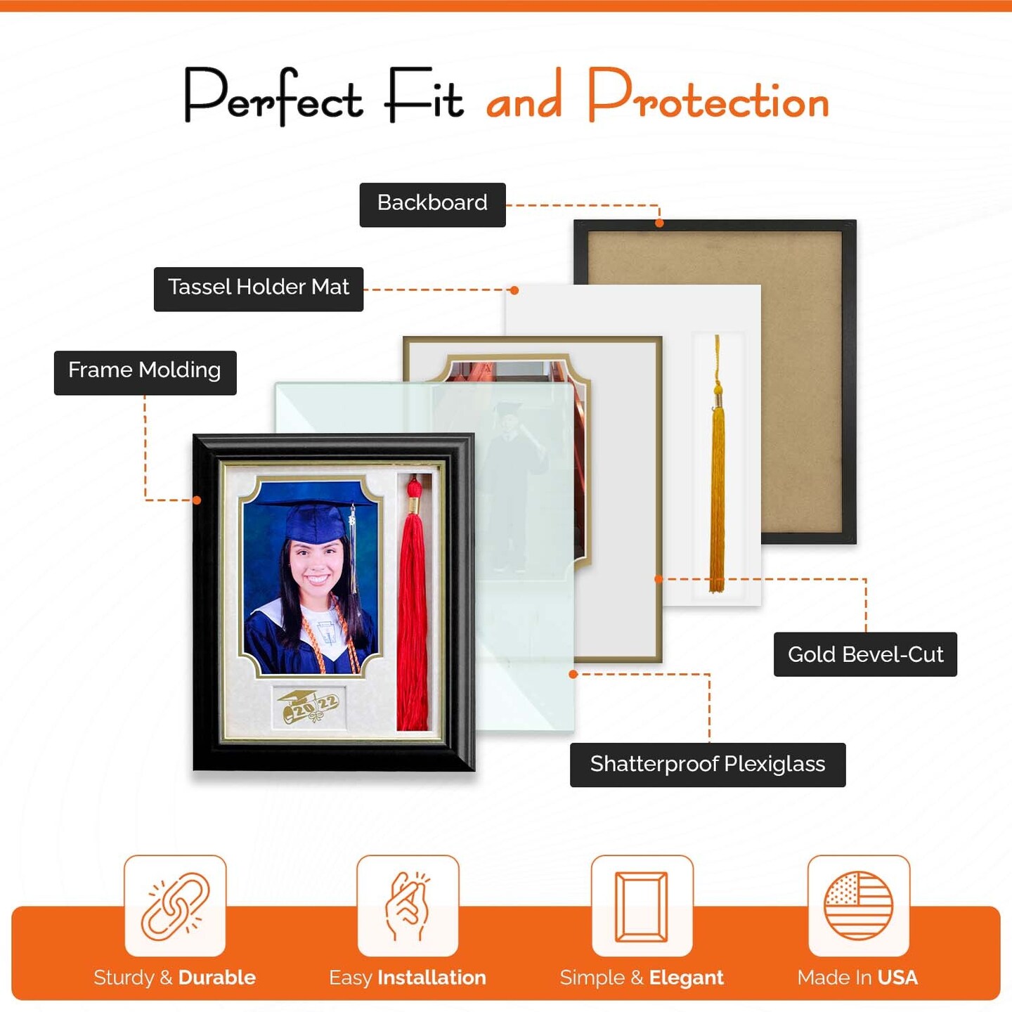 iFrame Graduation Photo &#x26; Tassel Frame I 5x7 Picture Frame I Customizable Grade Class Year | Real Wood Cherry, Black and Walnut Finish I Wall Mount &#x26; Tabletop Graduation Frame | Made in USA
