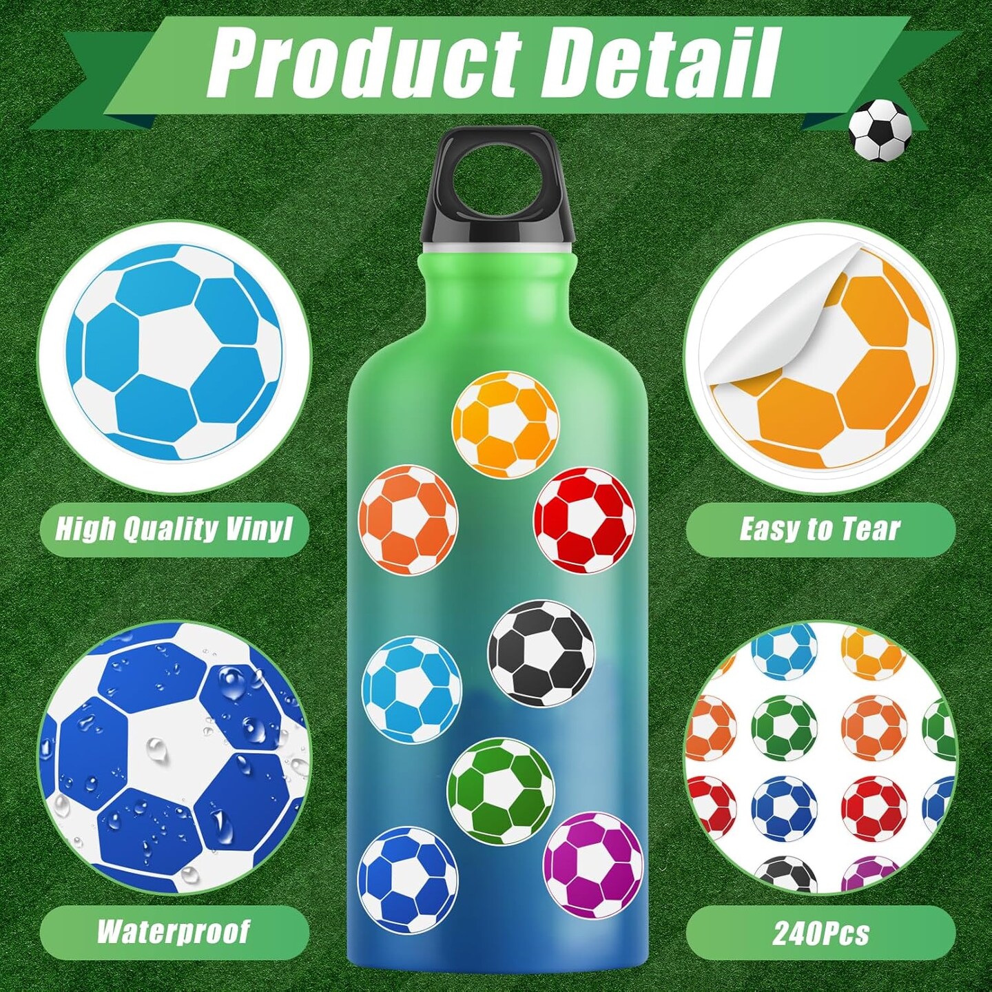 240 Pcs Soccer Stickers Vinyl, Soccer Ball Stickers for Water Bottle Kids Girls Boys, Football World Cup Sports Decals Waterproof for Soccer Party Favor Helmet Reward Pride Planner Calendar DIY Craft