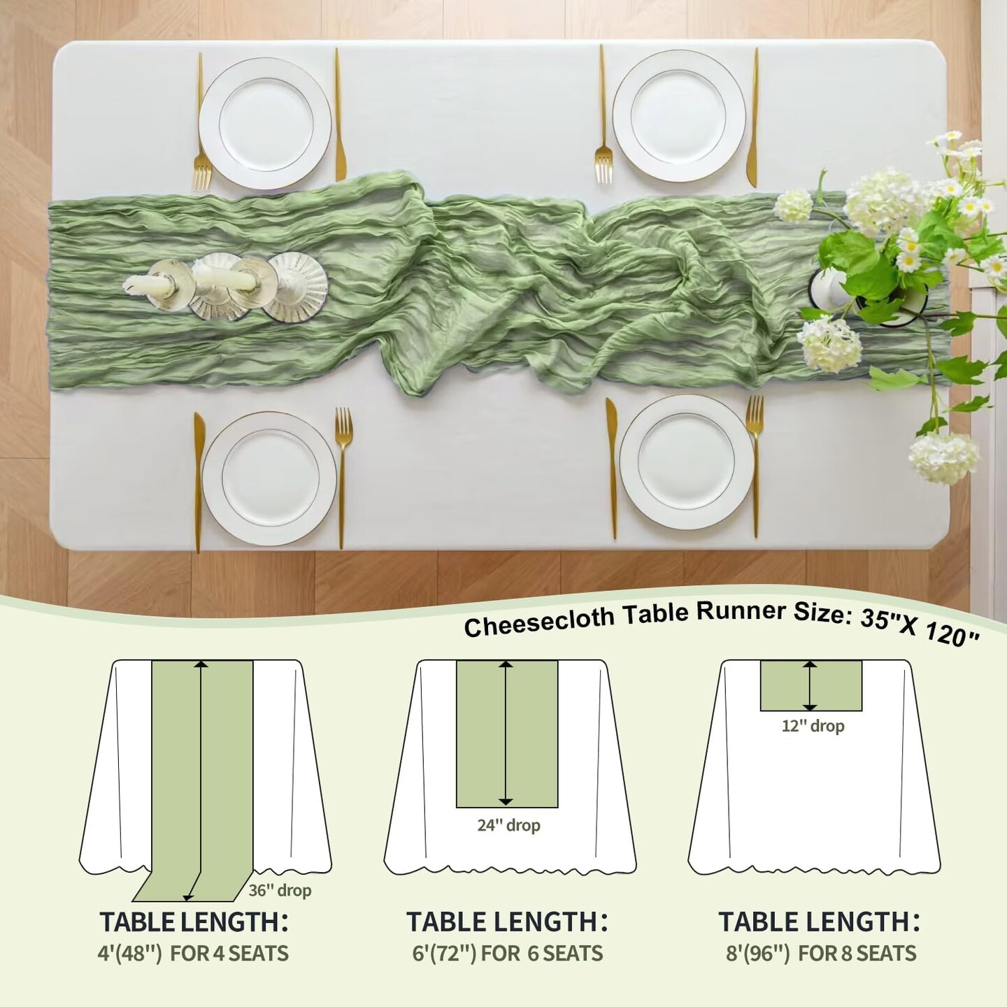 6 Pack Cheesecloth Table Runner 10FT Saga Green Cheese Cloth Table Runners 35x120 Inches Boho Gauze Table Runner Rustic Sheer Table Runner for Party Baby Shower Wedding Decorations