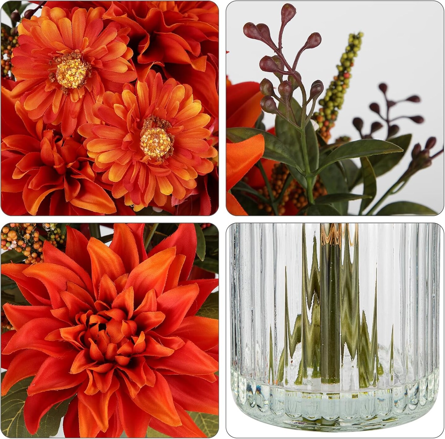 Fake Fall Flowers with Vase, Artificial Dahlia &#x26; Mum Silk Floral Arrangement with Glass Vase Faux Autumn Flowers Bouquet for Home Office Room Coffee Table Centerpiece Wedding Decoration