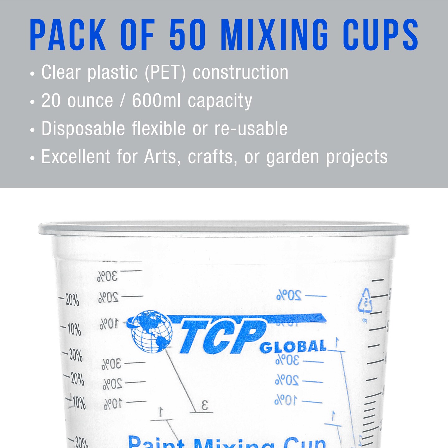 TCP Global 20 Ounce (600ml) Disposable Flexible Clear Graduated Plastic Mixing Cups - Box of 50 Cups &#x26; 50 Mixing Sticks - Use for Paint, Resin, Epoxy