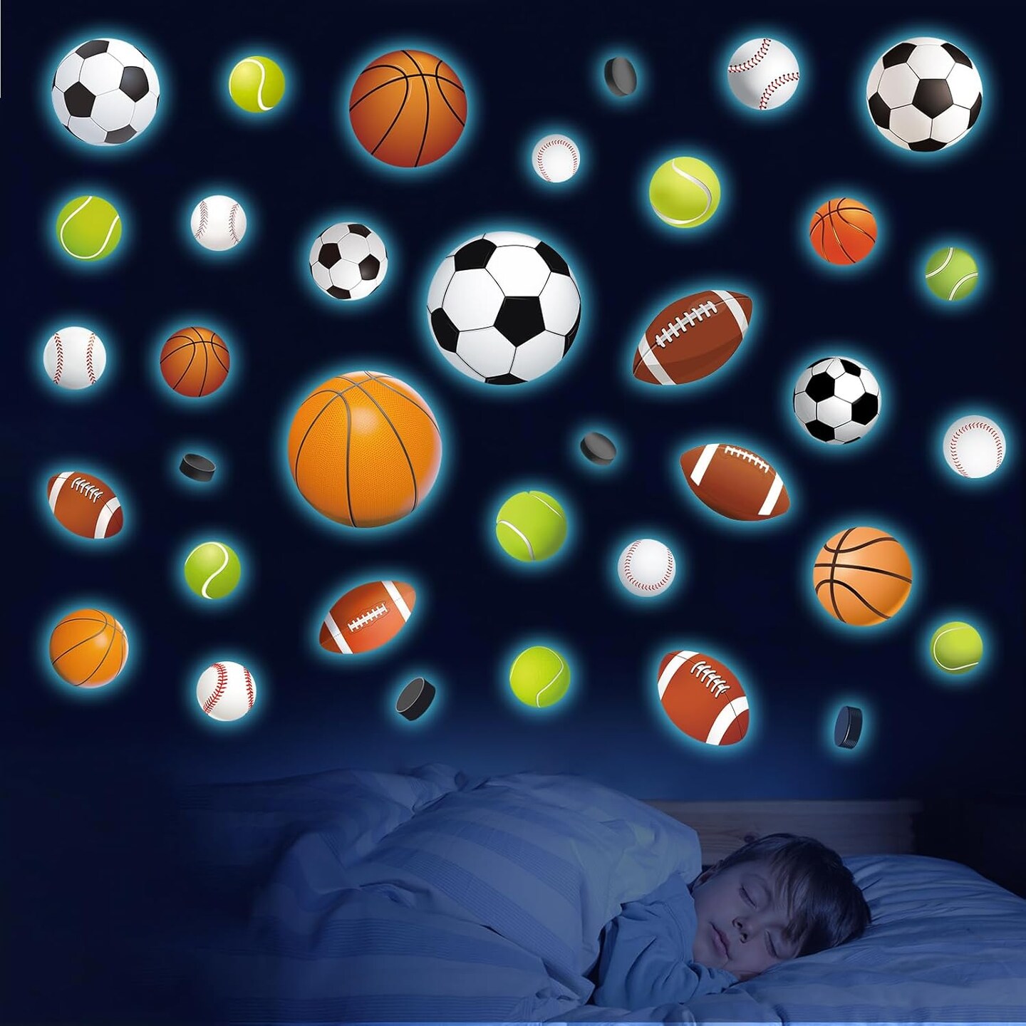 Glow in The Dark Basketball Football Sports Wall Decals,Glowing Luminous Boys Room Wall Stickers Removable self-Adhesive Baseball Decals for Kids Baby Boys Nursery Game Playroom Decoration