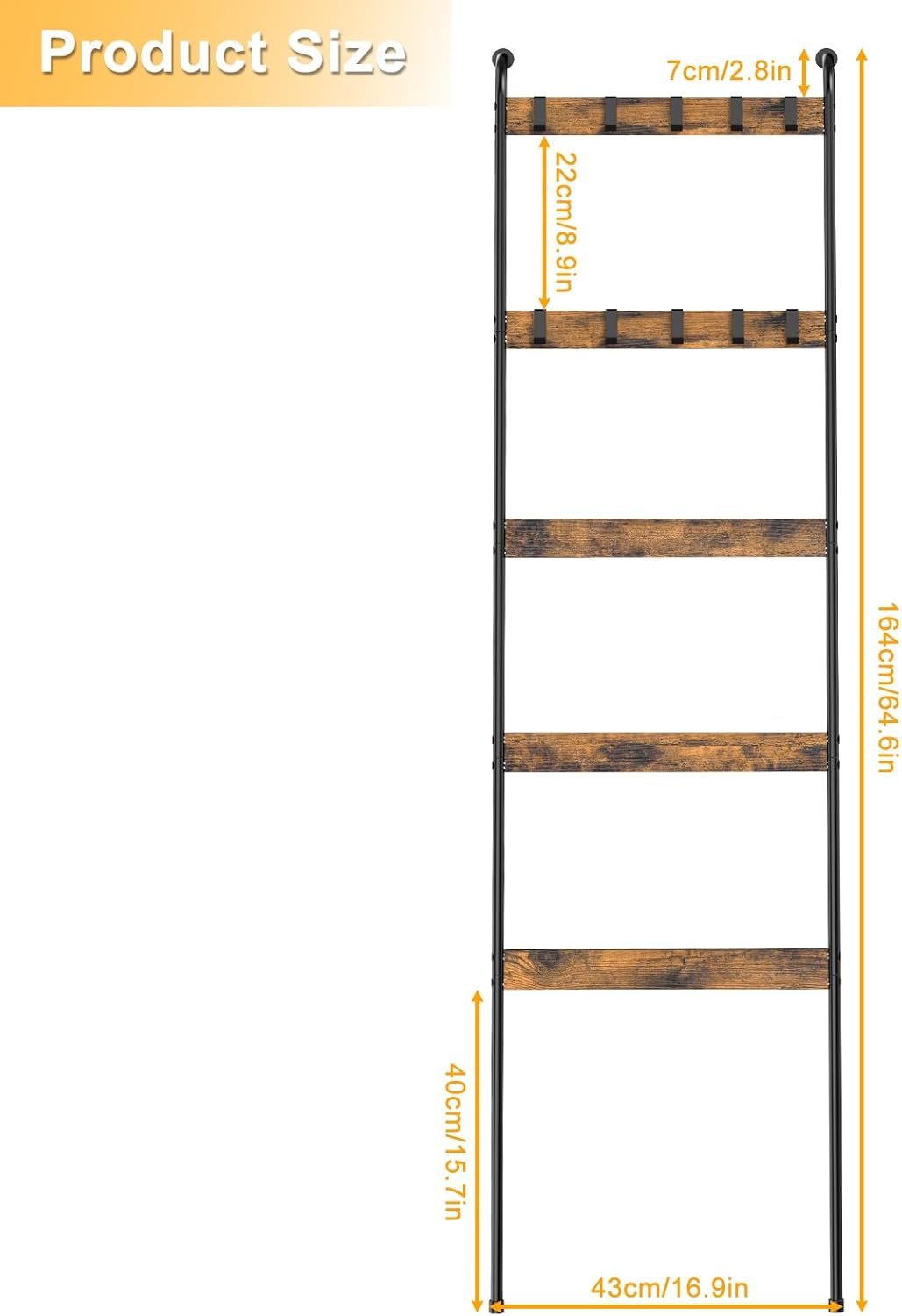 5-Tier Blanket Ladder with 10 Removable Hooks - Rustic Brown Wall-Leaning Towel Rack Organizer for Living Room, Bedroom, Bathroom Decor