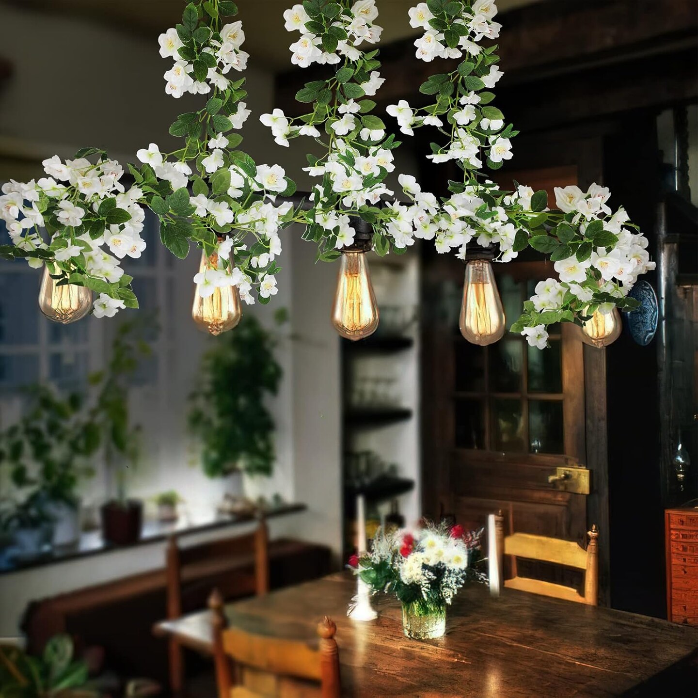 Artificial Cherry Blossom Flower Vine Hanging White Cherry Blossom Flower Silk Garland Hanging Vines Faux Flowers for Outdoors Spring Wedding Party Home Table Centerpiece Arrangement Decor
