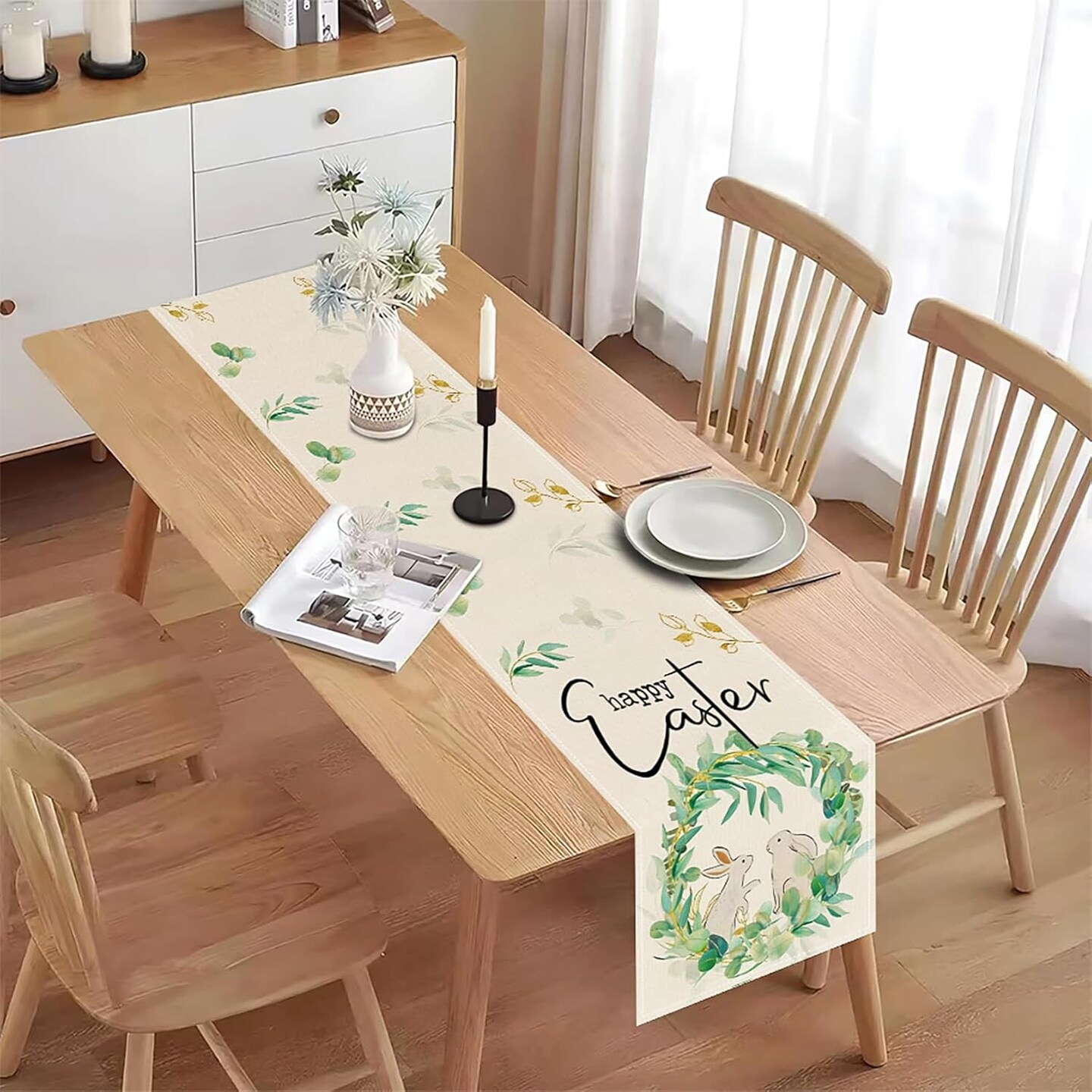 Easter Table Runner, Bunny Rabbit Flowers Leaves Green Easter Table Runners 72 Inches, Farmhouse Spring Kitchen Dining Table Decoration for Home Party Decor