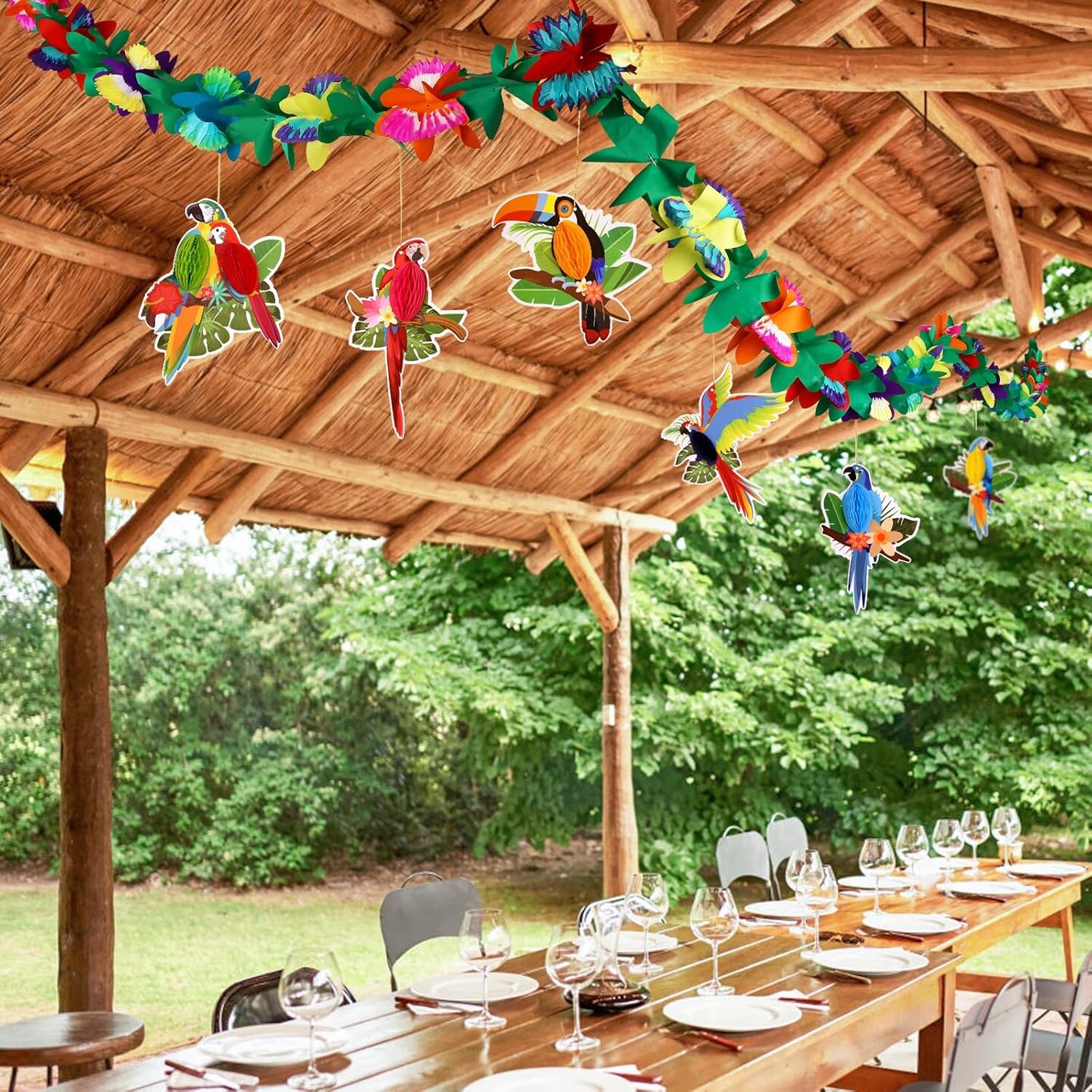 Summer Hawaiian Tropical Luau Party Decorations, 20Ft Tropical Garlands &#x26; 6 Birds Honeycomb for Summer Tiki Bar Beach Party Decorations Supplies