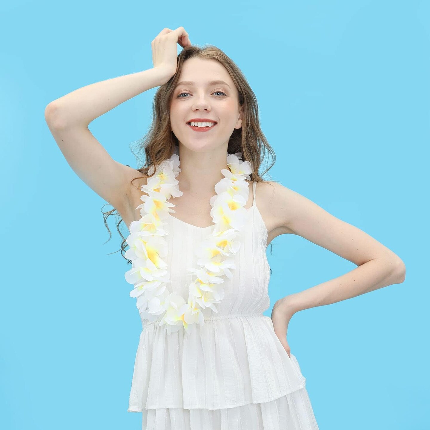 6 Pack Summer White Hawaiian Leis Necklace Tropical Luau Hawaii Wreaths Silk Flower Lei Thickened Dance Garland Flower Leis