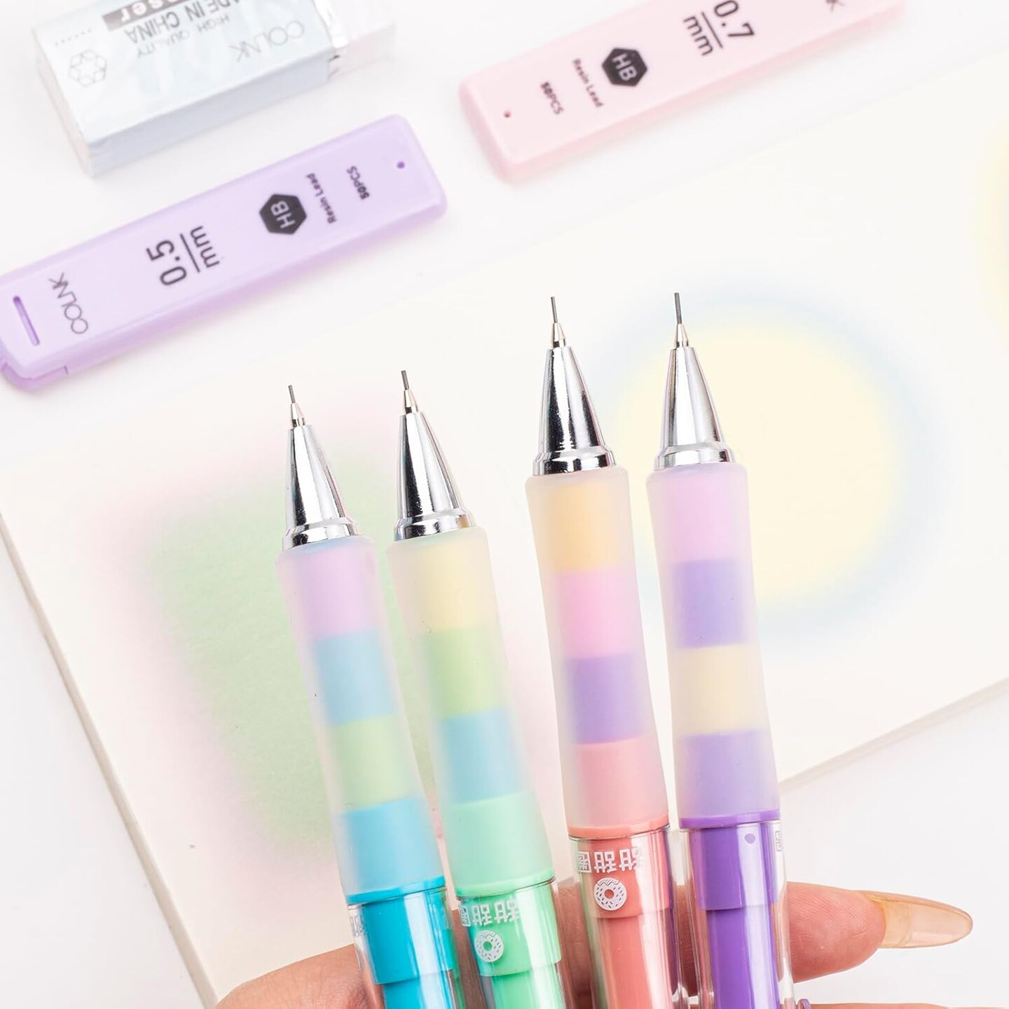 Mechanical Pencil Set with Lead and Erasers, 4 Drawing Mechanical Pencils 0.5 & 0.7mm, with 4 Tubes of HB Lead Refills and 2 Extra Erasers for School Office Writings