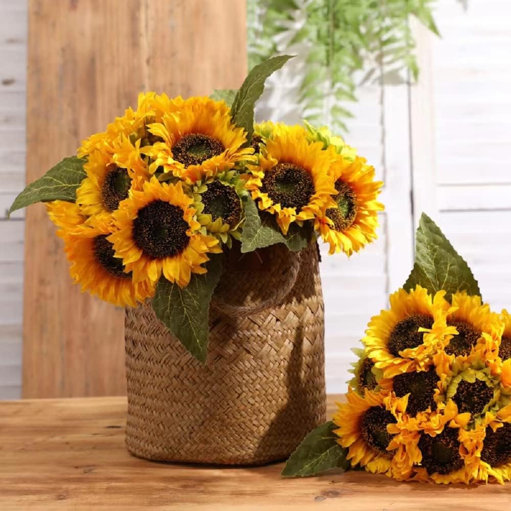 Artificial Sunflower Flowers Long Stem Silk Fake Large Sunflowers Decoration for Outdoor Home Wedding Baby Shower Birthday Party Single Bulk Yellow Decor 6PCS (Dark Center)