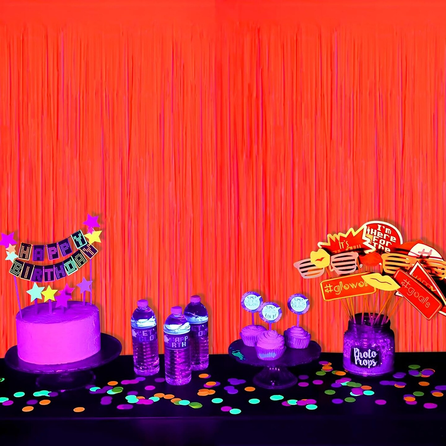 Glow in The Dark Party Supplies, 2 Pack Neon Party Decorations 6.6 x 6.6 ft Fluorescent Macaron Orange Tinsel Foil Fringe Curtains, Photo Booth Prop Backdrop Streamer, Birthday Party Decor