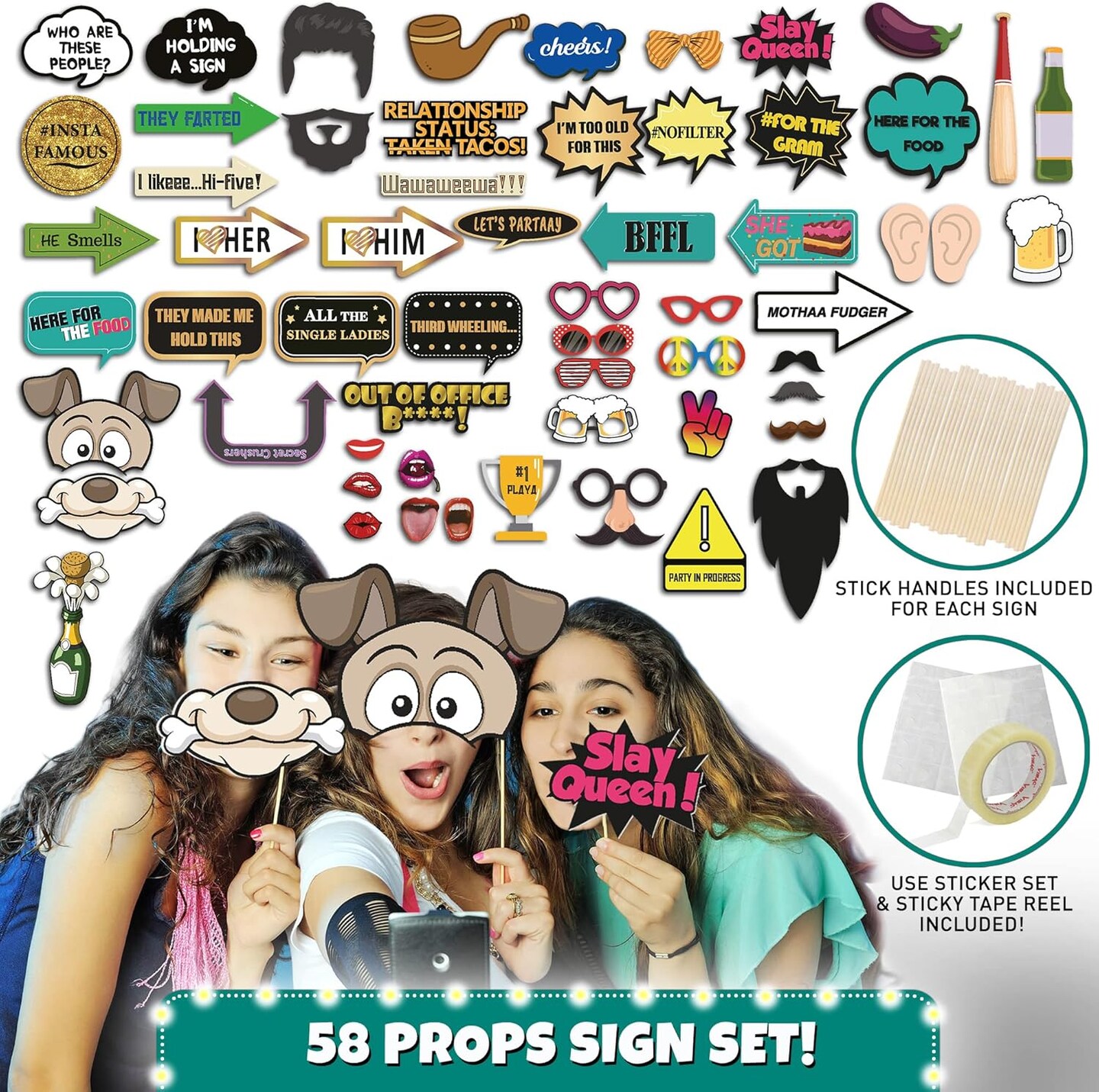 70 Pc Large Premium Photo Booth Props Set for All Occasions - Wedding Props, Birthday Props, Graduation Props, Inflatables, Large Glasses, Multi-Colored Wig, Hawaiian Lei, Hand Pump