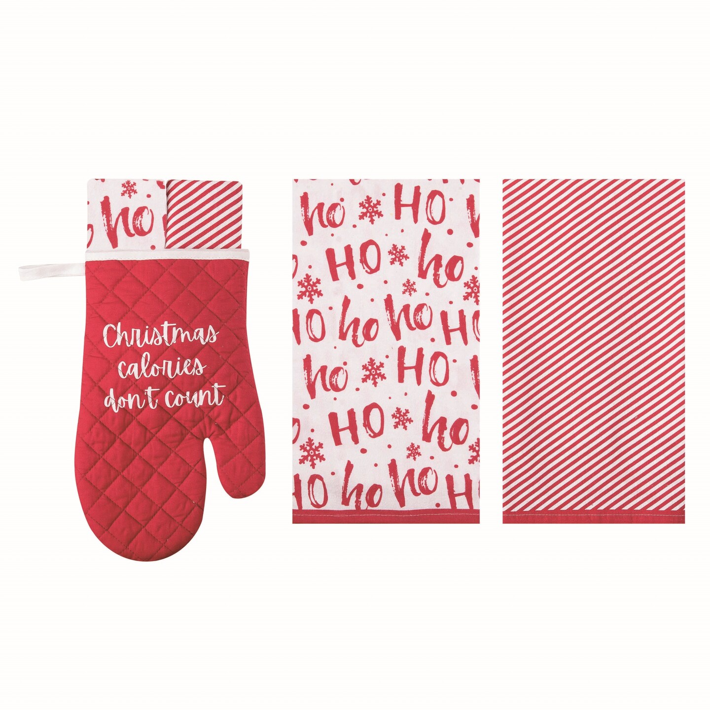 Transpac Cotton 14 in. Multicolor Christmas Calories Oven Mitt Ho-Ho-Ho Tea Towels Gift Set of 3