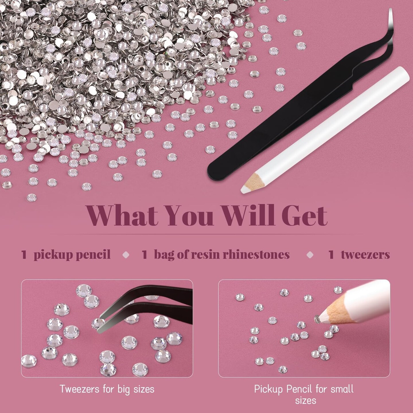 8,000pcs 3mm Clear Resin Rhinestones – Flatback Gems for Crafts, Nail Art, Tumblers & Clothing, Includes Pickup Pen & Tweezers