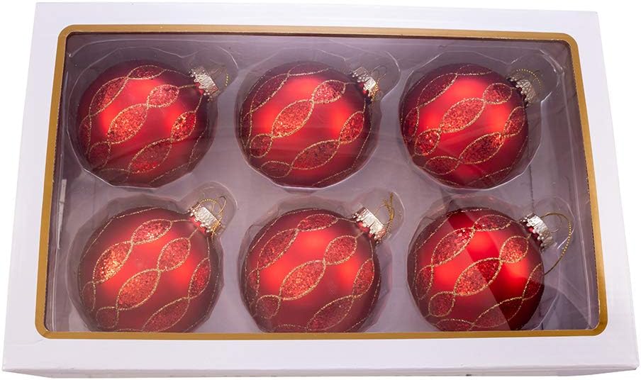 80MM Glitter Pattern Glass Ball, 6 Piece Box Ornament, red, Gold, 6 Count for Christmas