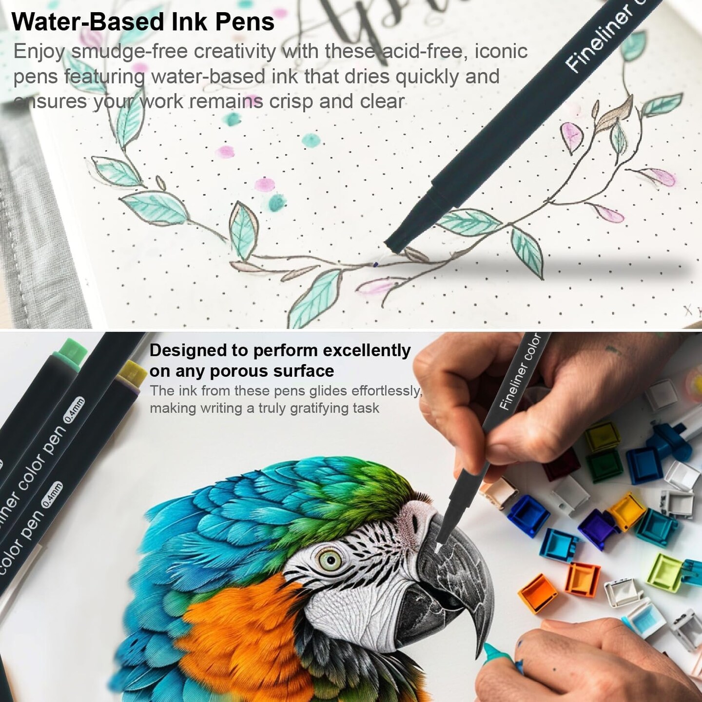 Fineliner Pens, Set of 24 Fineliners, 0.4 mm Tips Fine Point Markers, Assorted Art Pens, Water-Based Fine Tip Markers for Drawing, Sketching, Journaling and Calligraphy.