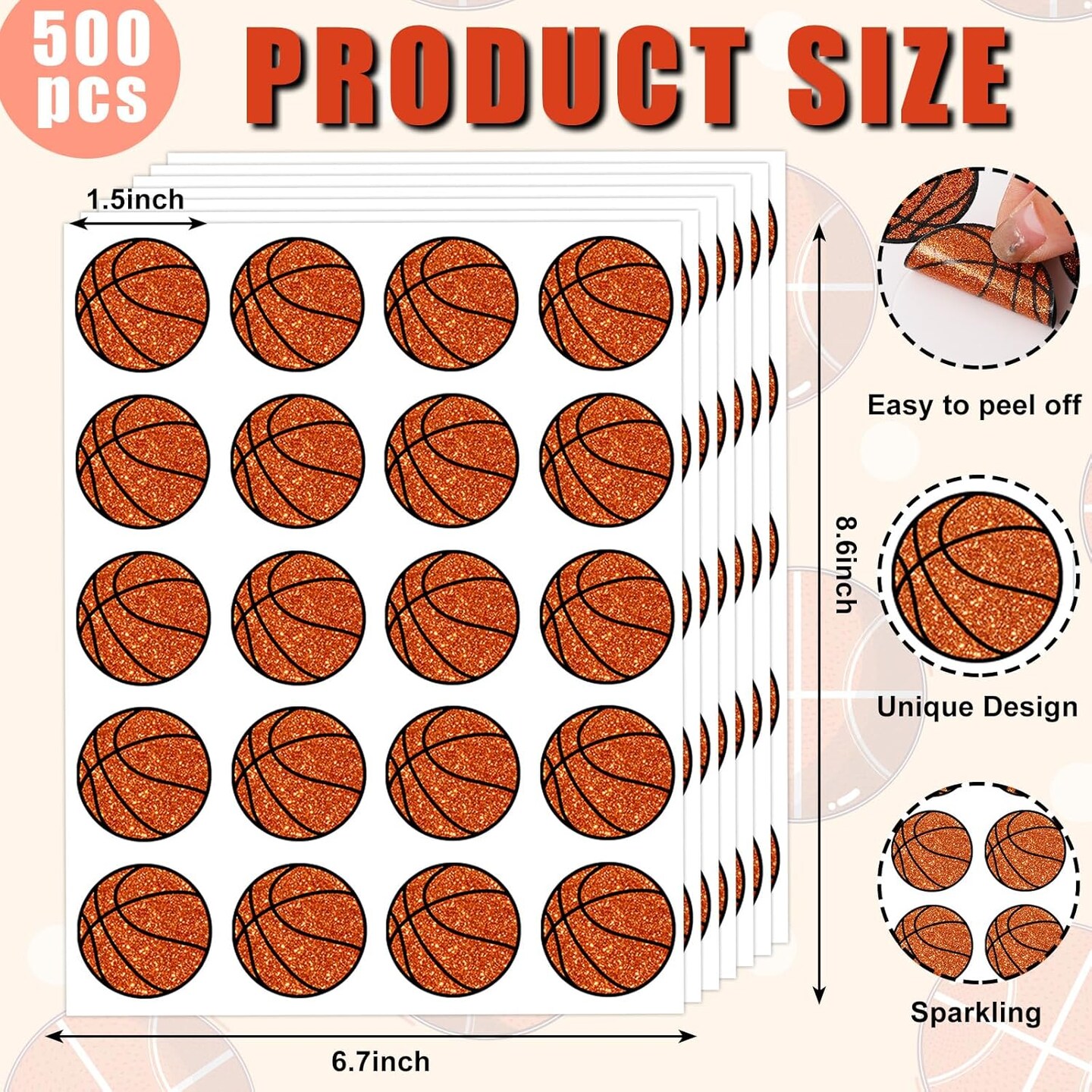 500Pcs Glitter Basketball Sticker Sport Paper Decal Self-Adhesive Sticker Label for Party Favor Envelope Scrapbook DIY Supplies, 1.5 in