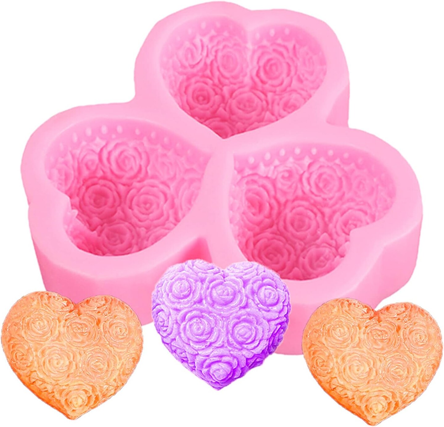 3-Cavity Heart Rose Flower Silicone Soap Mold Fondant Mold