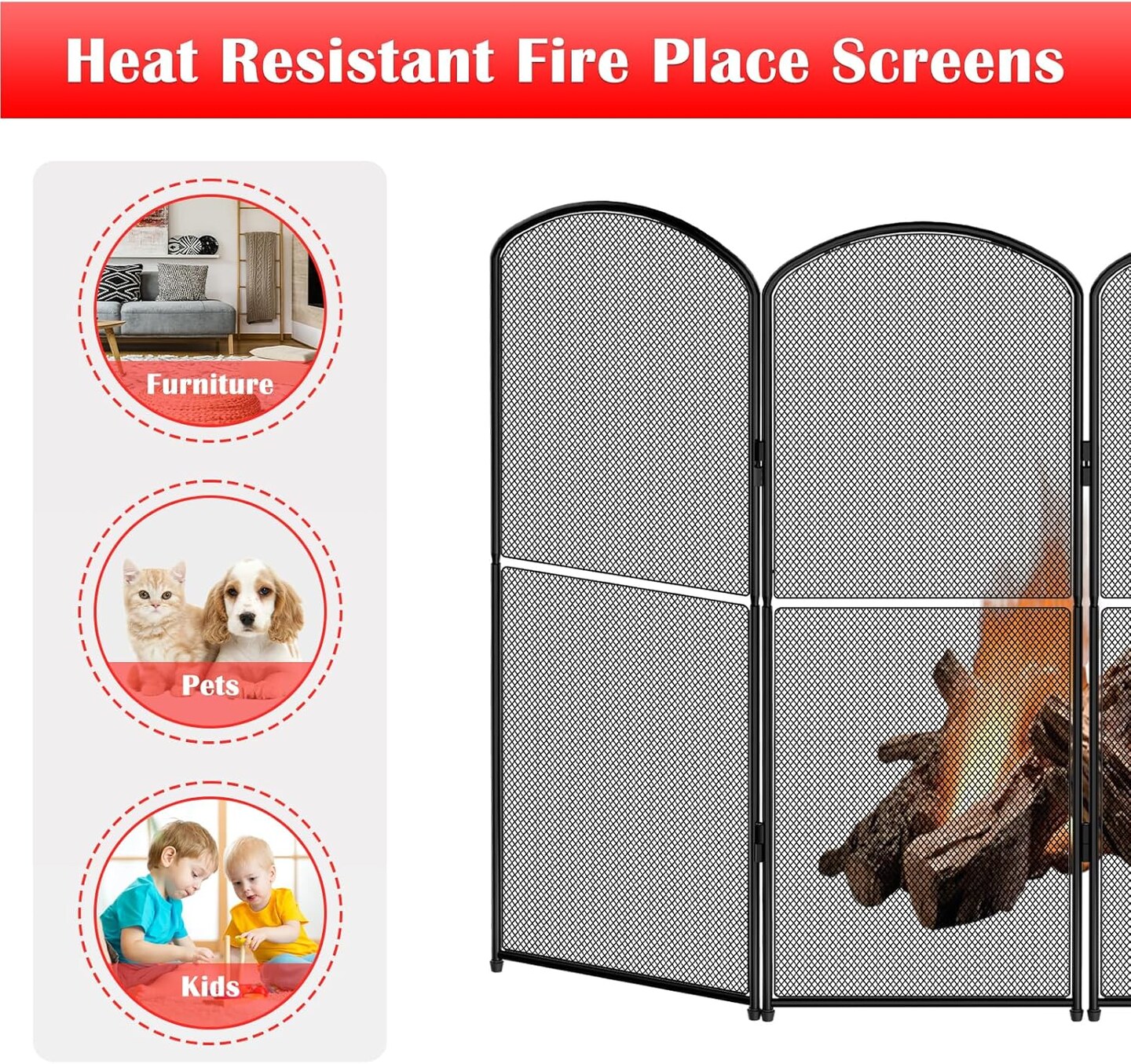 4-Panel Foldable Fireplace Screen Stand - Black Metal Mesh Spark Guard Cover with Decorative Arch Design, 47.8&#x22;W x 31&#x22;H for Indoor Fireplace Protection