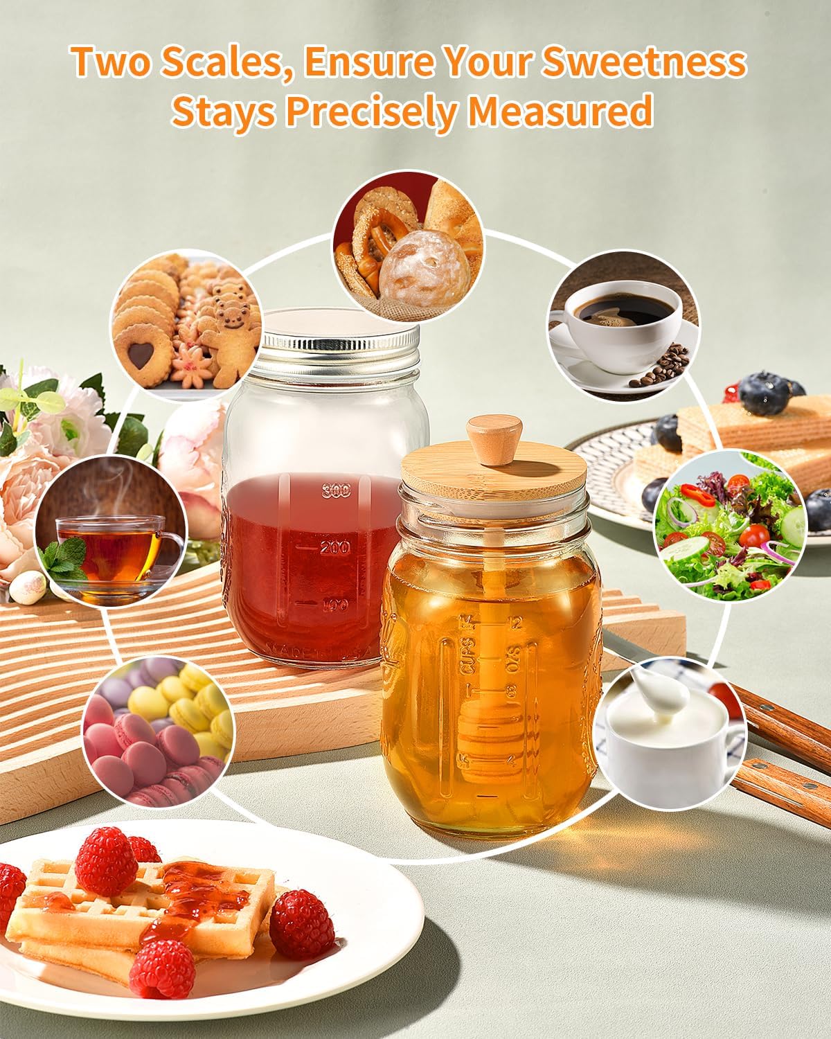 Honey Jar with Dipper and Lid, 16oz Honey Pot Set of 3, Mason Jar Honey Dipper Lid, Honey Container with Dipper, Storage Jars with Lids