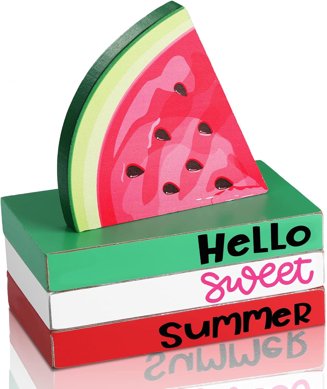 Yulejo 4 Piece Summer Watermelon Table Decor for Home Hello Sweet Summer Book Table Centerpieces Farmhouse Wooden Watermelon Tiered Tray Stacked Book Decor for Home Office Kitchen