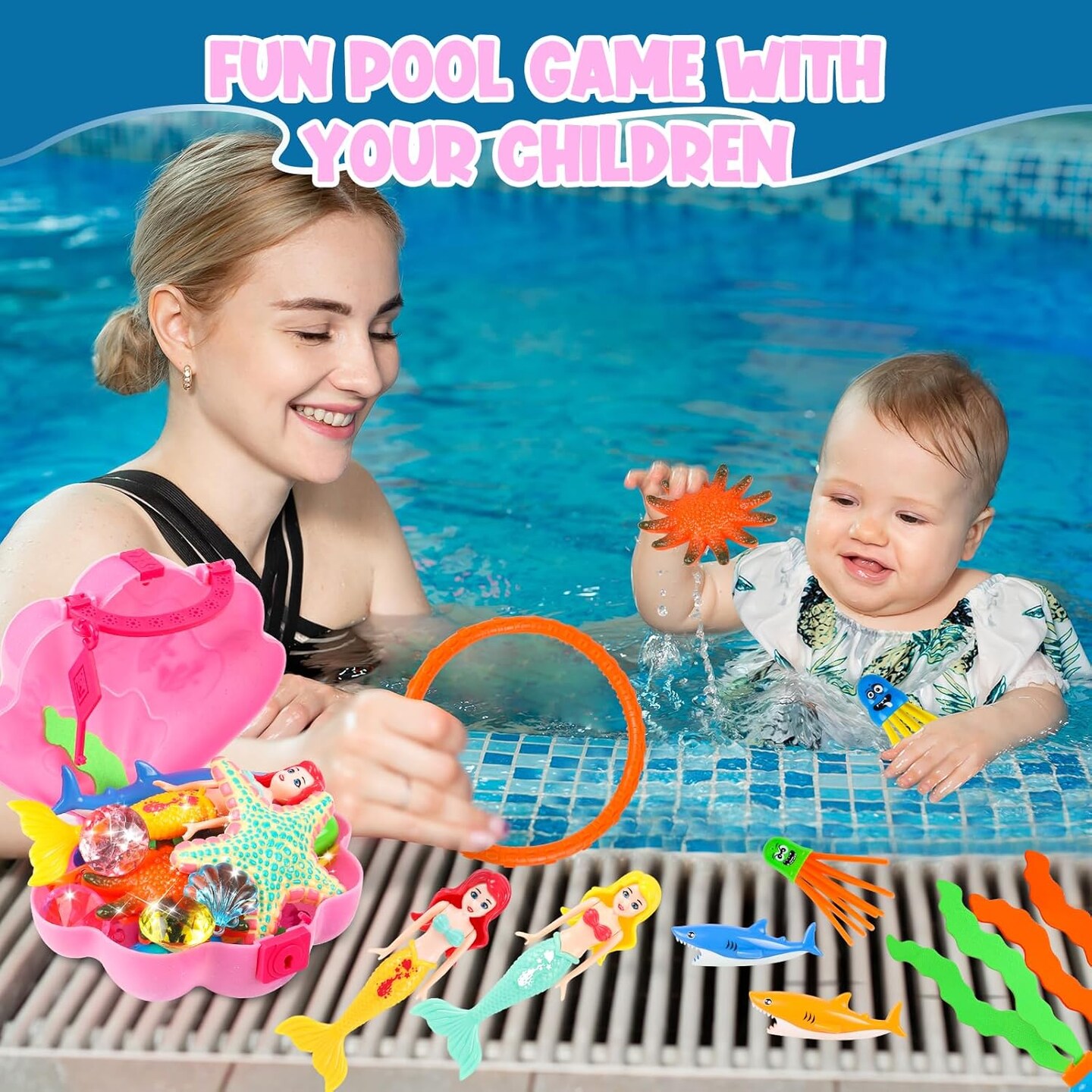 Summer Pool Toys, Swim Diving Toys for Kids Set with Upgraded Shell Treasure Chest, Pool Mermaid with Storage Bag Pool Game Summer Beach Water Birthday Party Gift(Shell Box)