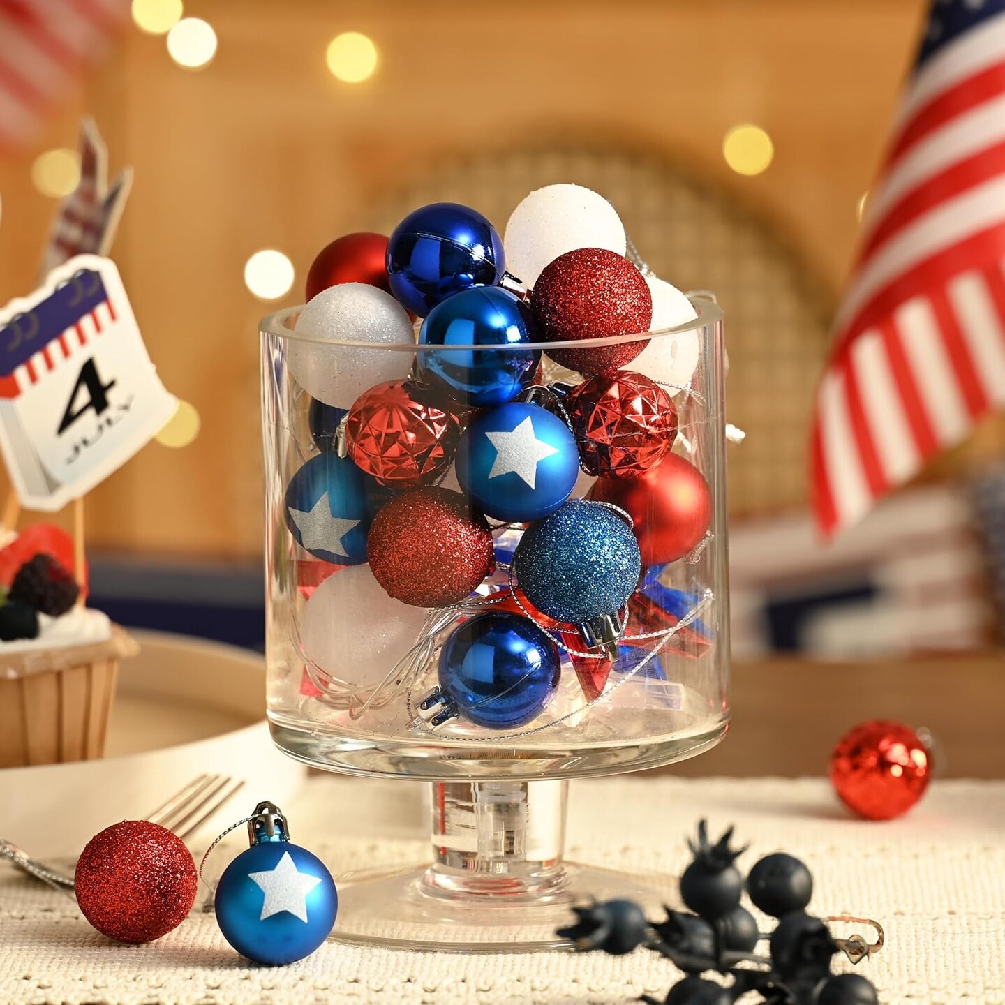 49-count set of 1.18-inch patriotic mini ornaments in red, white, and blue, designed for Independence Day and Memorial Day decorations, featuring durable shatterproof material for hanging on trees or party displays.