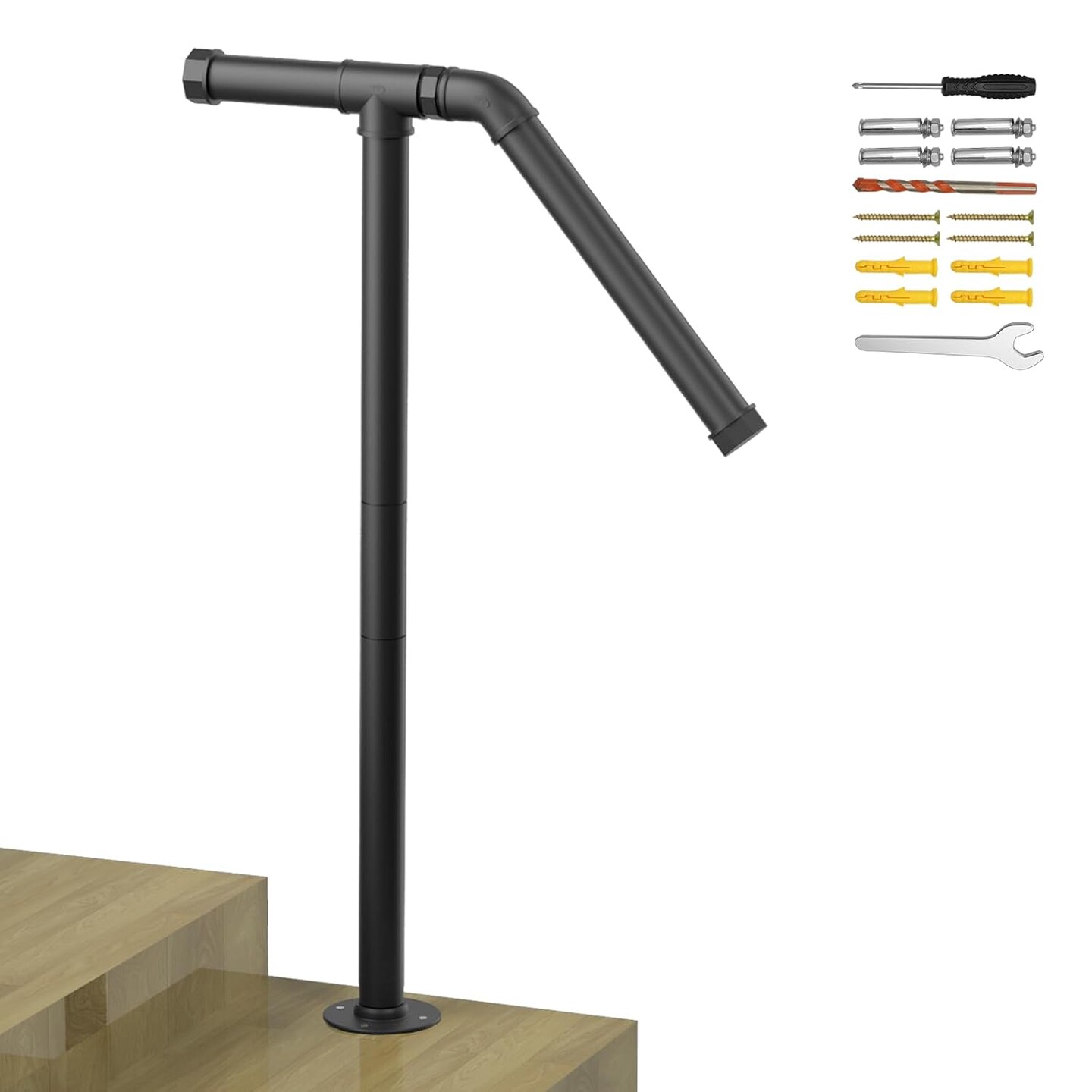 Sturdy Single Post Outdoor Stair Railing Handrails – Adjustable Height Wrought Iron Black Porch Railings for Concrete/Wooden Steps, Indoor/Outdoor Use (Garden, Garage, Balcony)