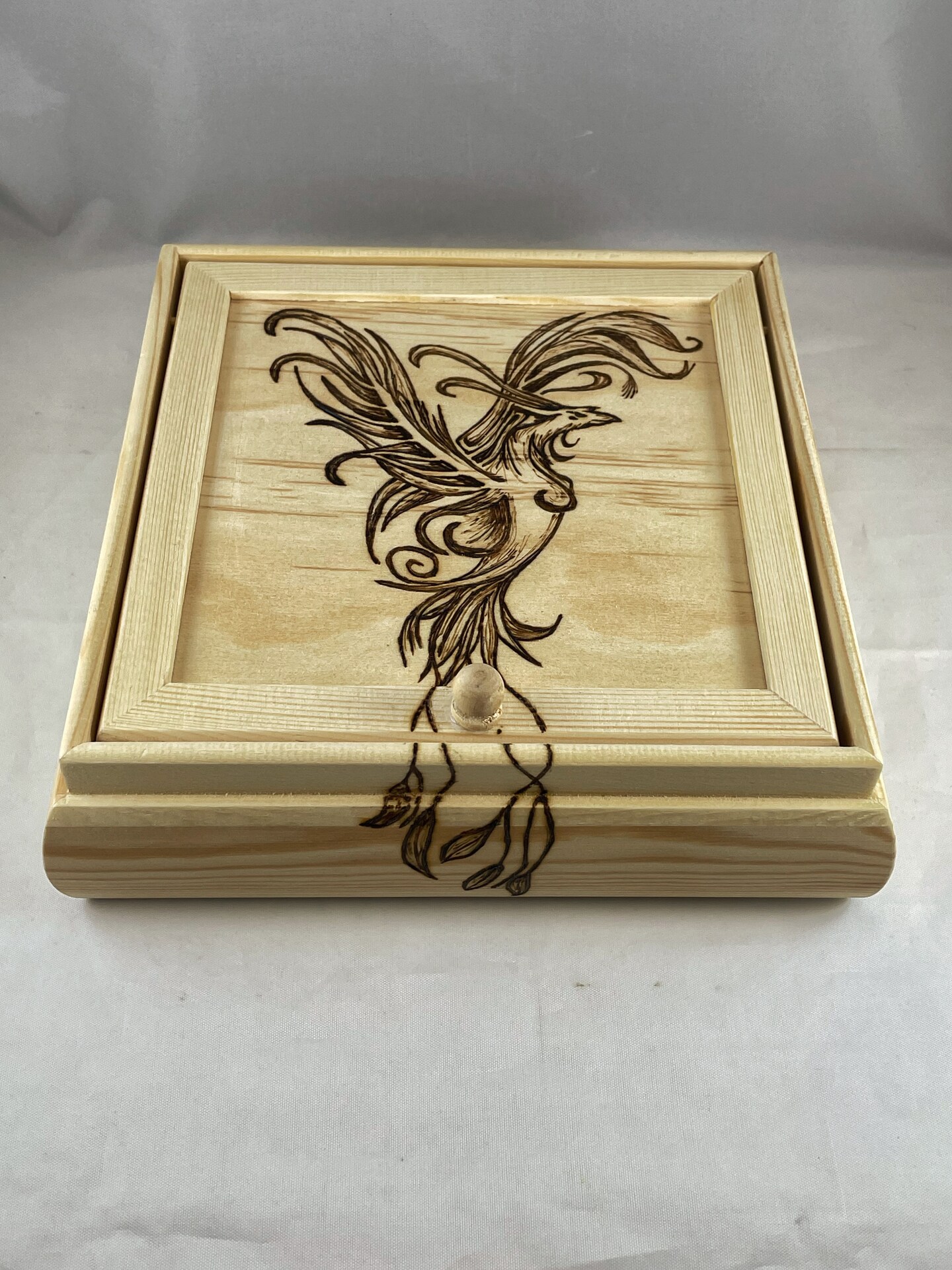 Phoenix Rising Wood Burned Jewelry Box, Lid and Fold Out Mirror
