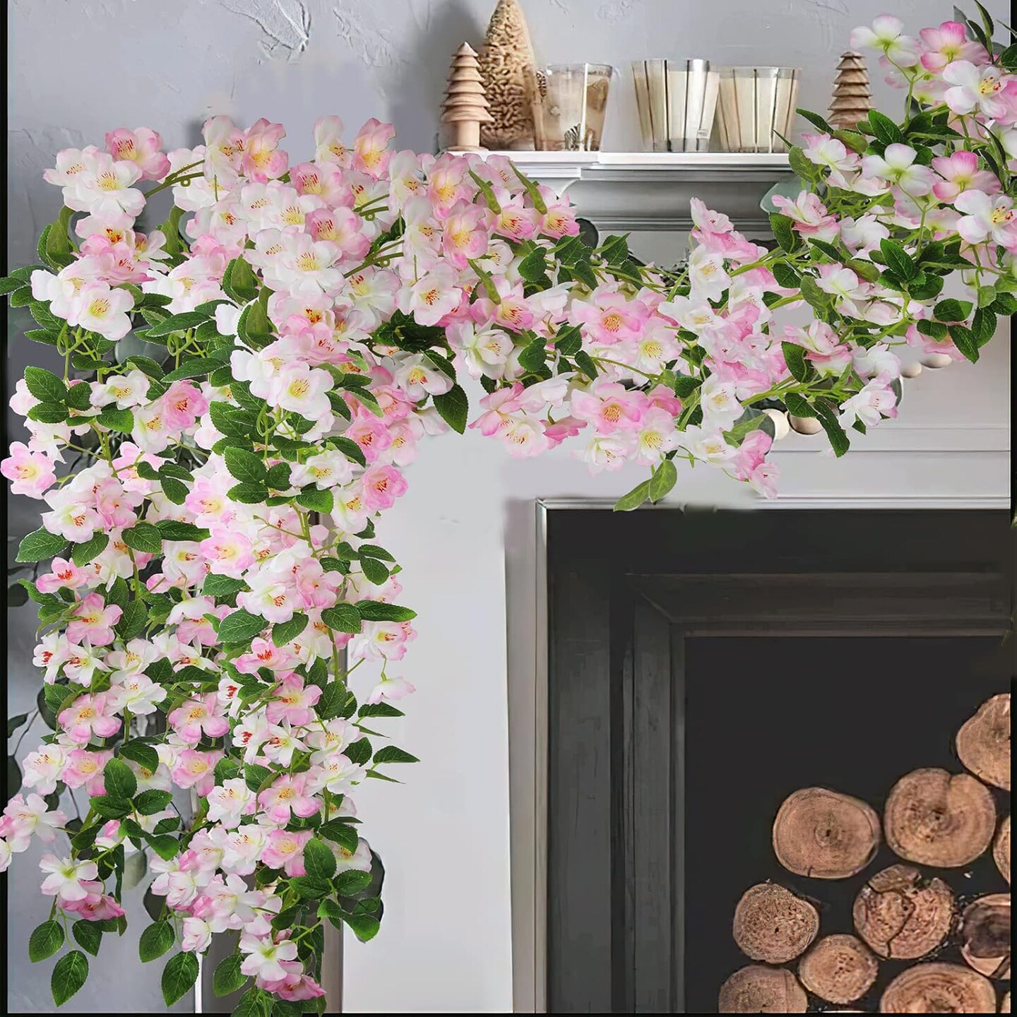 Artificial Cherry Blossom Flower Vine Pink Hanging Cherry Blossom Flower Silk Garland Hanging Vines Faux Flowers for Outdoors Spring Wedding Party Home Table Centerpiece Arrangement Decor