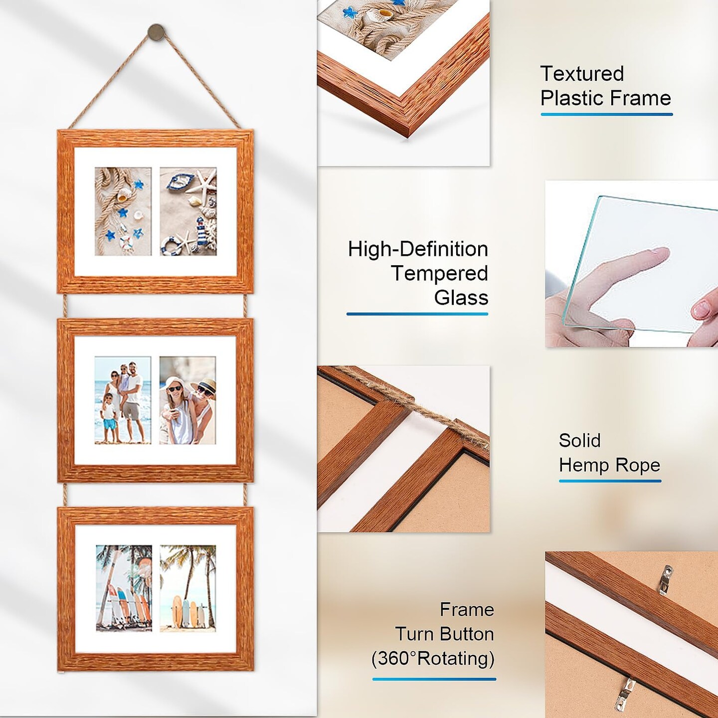 8x10 Hanging Picture Frames with 6 Openings 4x6 Pictures, HD Real Glass 8x10 Wall Hanging Collage frames with Mat, Hemp Rope Multiple Photo Frames for Wall Decor (Carbonized Brown, 1 Pack)