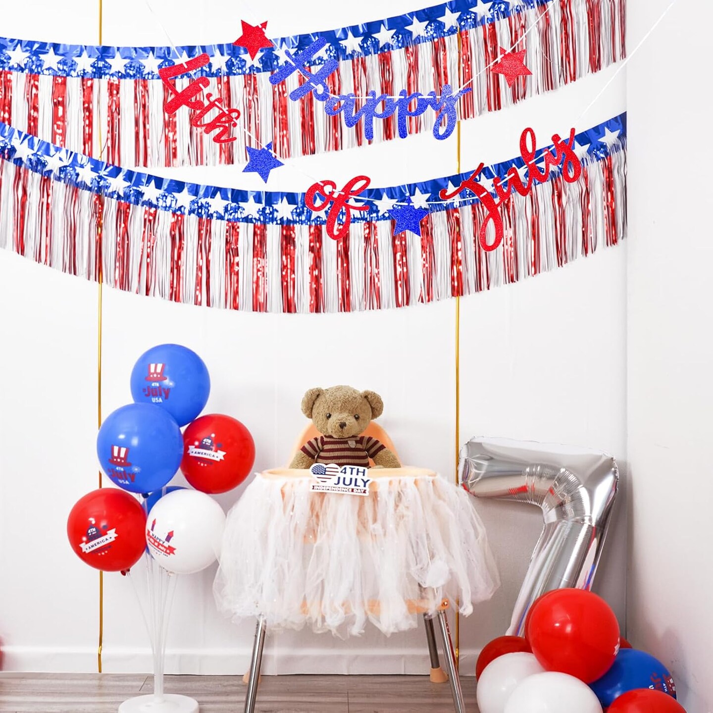 4th of July Decorations 2Packs 39 Feet Foil Fringe Garland Tinsel Streamers, Red White and Blue Star Metallic Hanging Backdrop Banner Table Skirts for Parade Floats Memorial Day Patriotic Party
