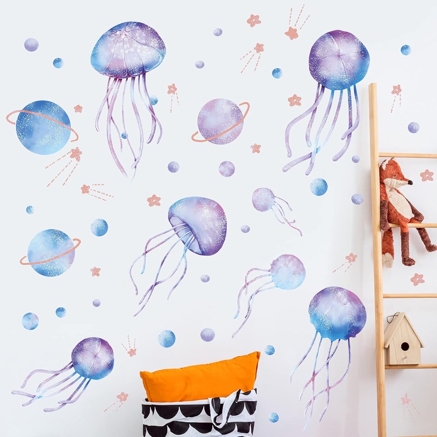4 Sheets Starry Sky Jellyfish Wall Sticker Glow in The Dark Wall Stickers Planet Blue Luminous Wall Decals DIY Peel Stick Art Decor for Walls Ceiling Kids Bedroom Living Room Nursery Girls and Boys (Blue)