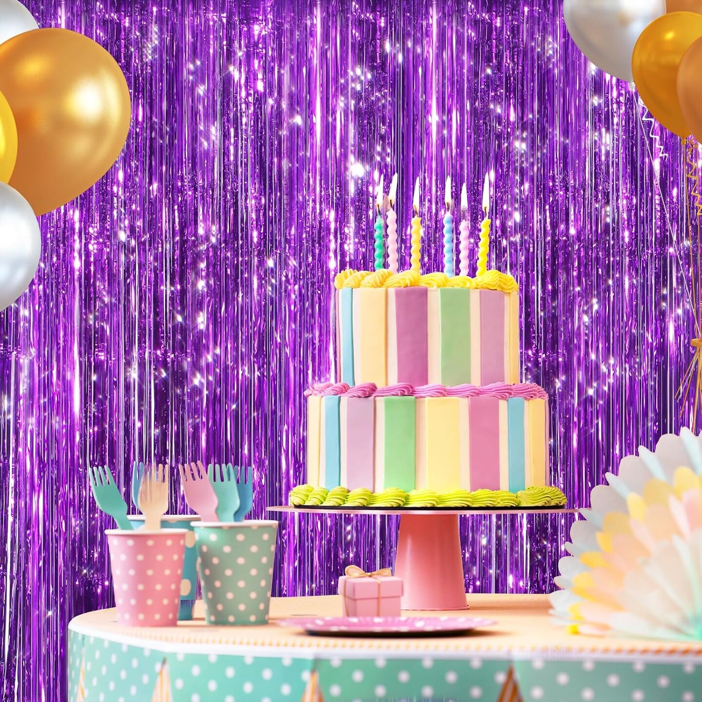 2 Pack Purple Metallic Tinsel Foil Fringe Curtains, Door Streamers Photo Booth Backdrop for Birthday Party, Tinsel Curtain Backdrop for Baby Shower Bachelorette Christmas Party Decorations