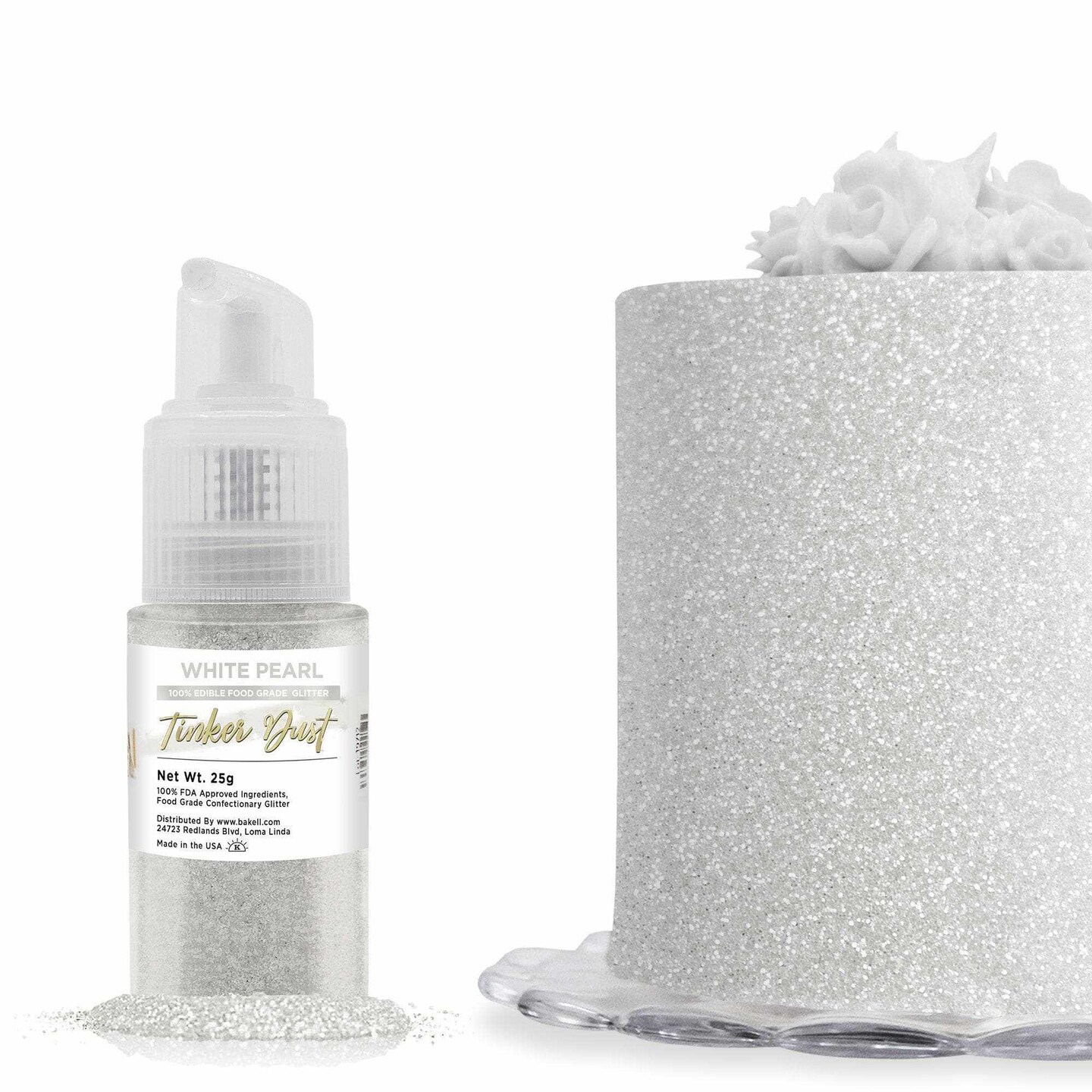 Bakell - White Pearl Tinker Dust Edible Glitter (25g, 1x Mini Spray Pump) for Food, Desserts, and Beverages!