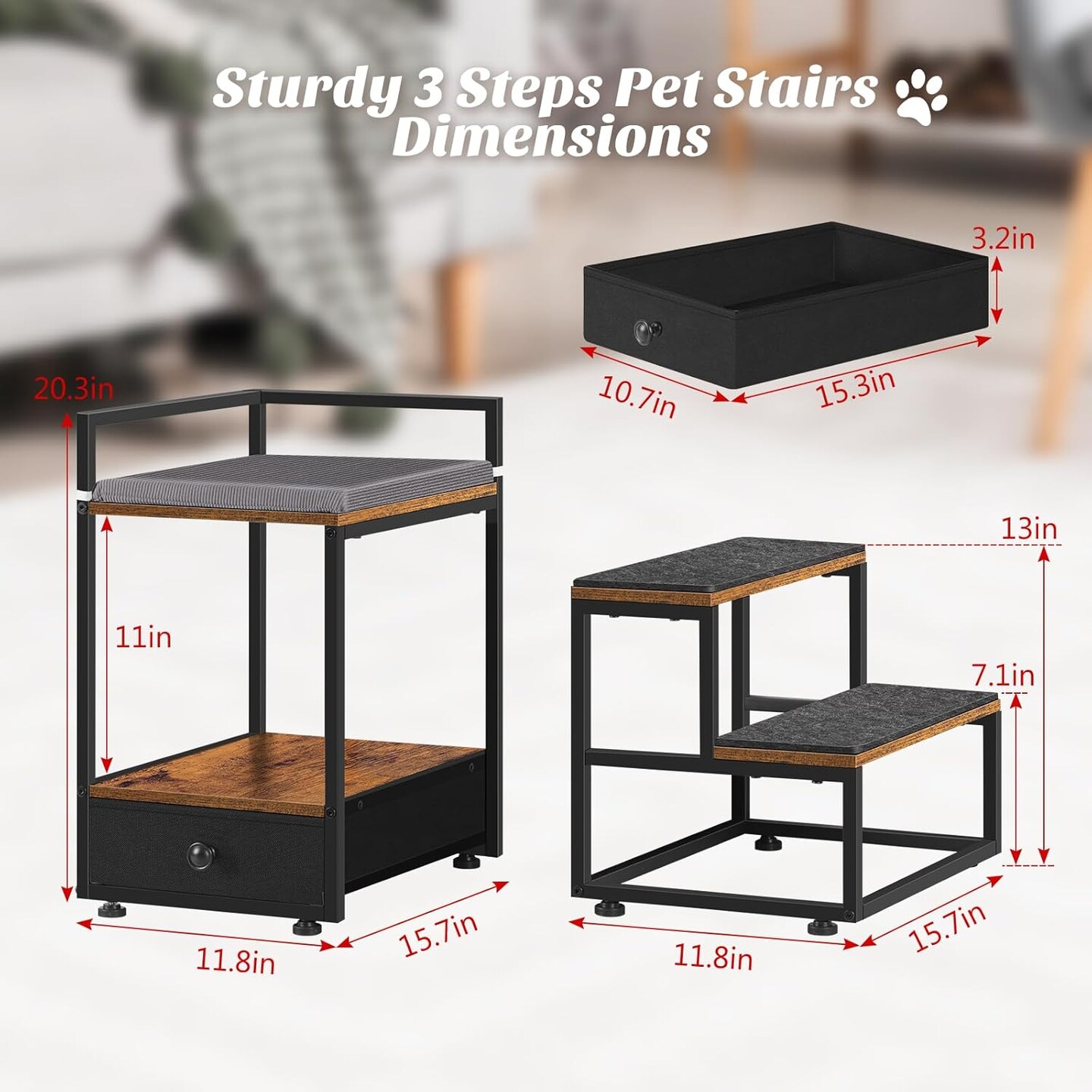Rustic Brown Dog Window Perch with 2-Step Stairs &#x26; Storage Drawer - Elevated Pet Bed for Small Dogs/Cats, Non-Slip Stairs for Beds, Couches - Safe Climbing Platform