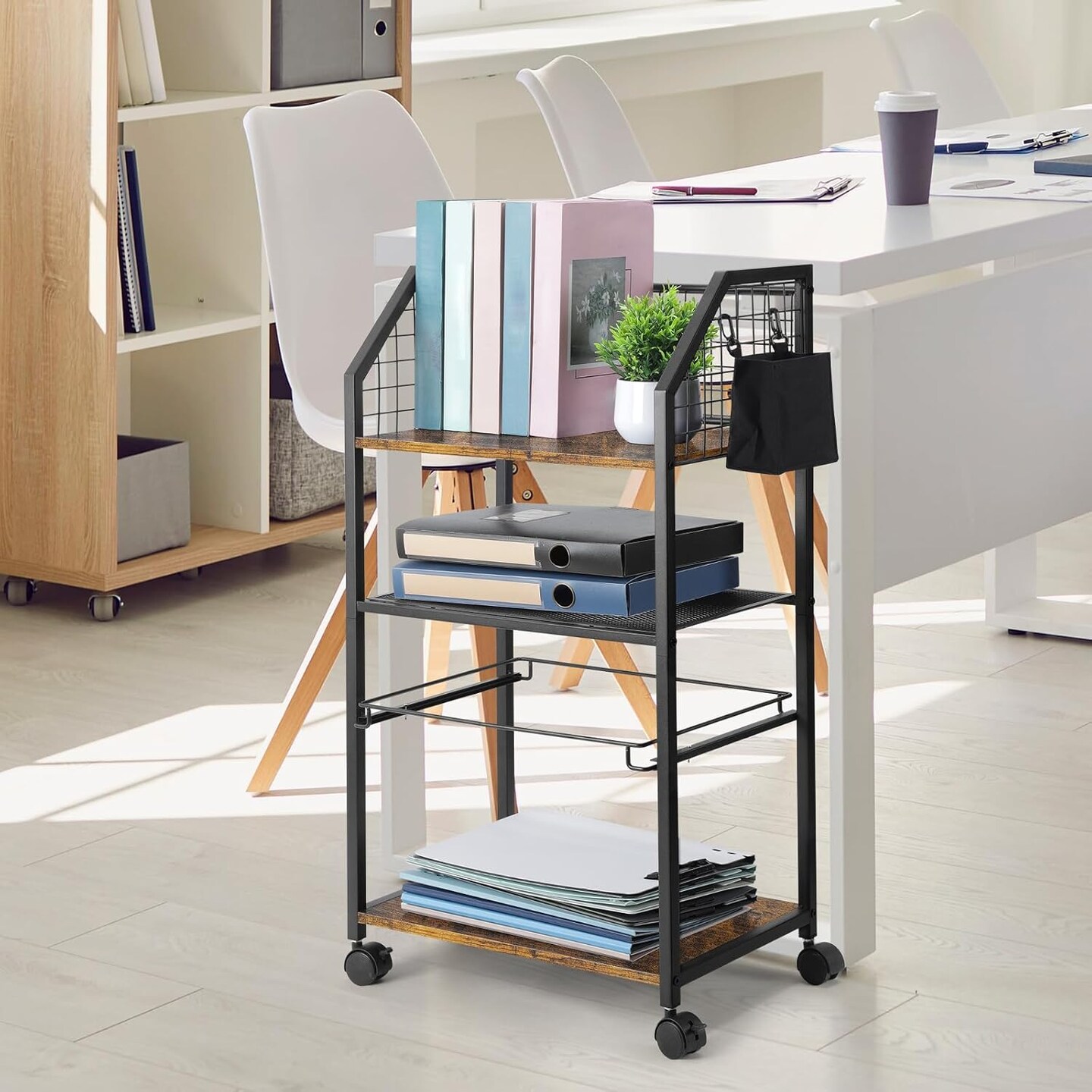 3-Tier Rolling File Cart with Lockable Wheels - Under Desk Organizer, Hanging File Rack for Letter Size, Mobile Office Storage for Home, School, Brown