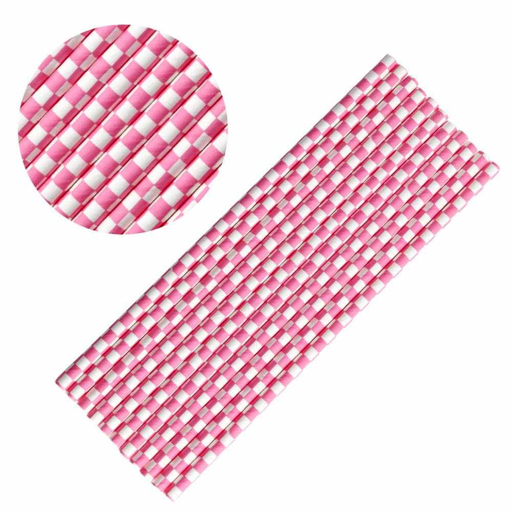 Bakell - Light Pink Checkered Cake Pop Party Straws - 24pc