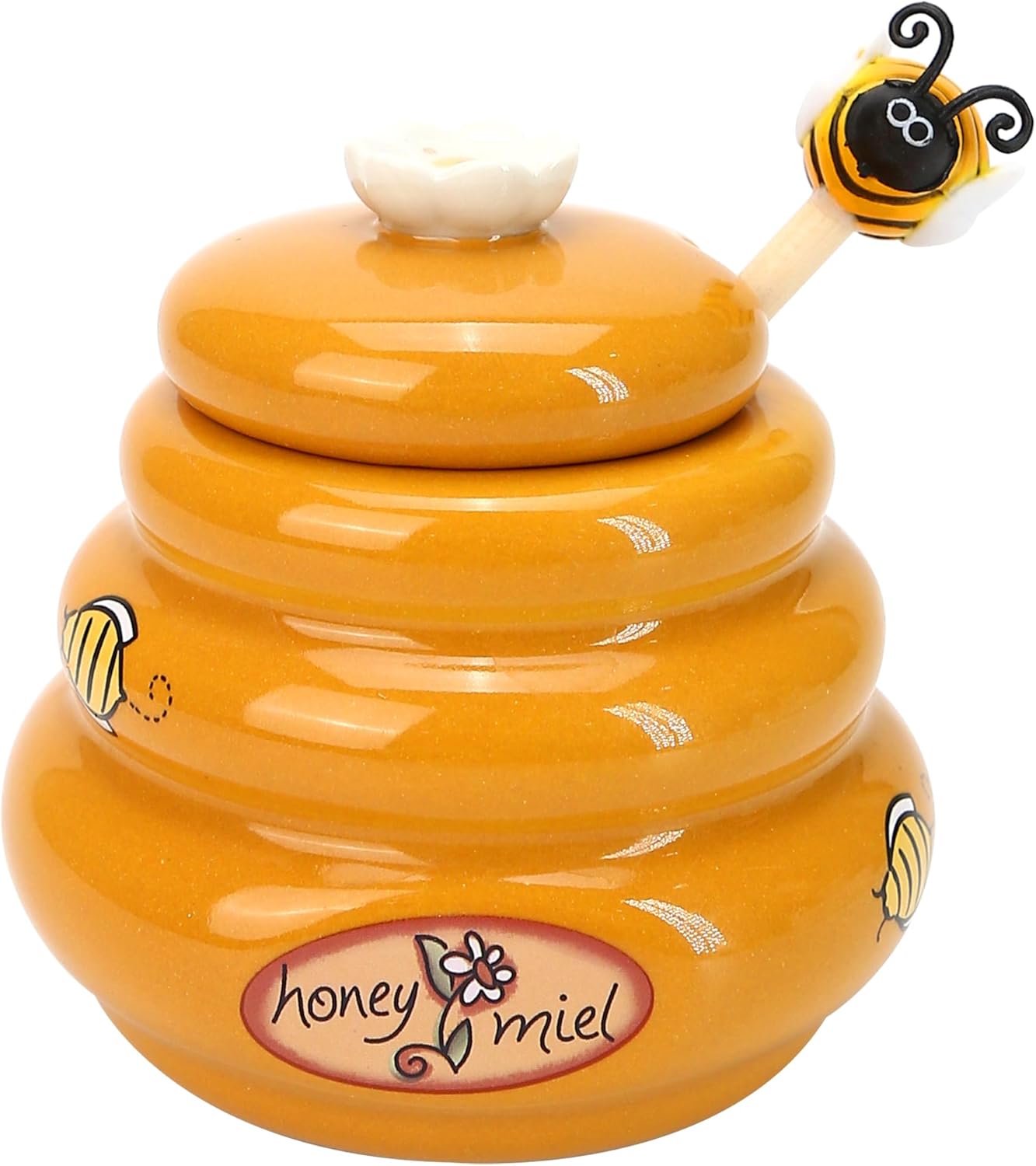 Ceramic Honey Pot with Wooden Dipper - Small Bee Hive Jar Honey Storage with Lid Stir Bar (5 Oz) - Farmhouse Kitchen Decor, Tea Accessories, Dishwasher Safe Honey Dispenser Kitchen Supplies