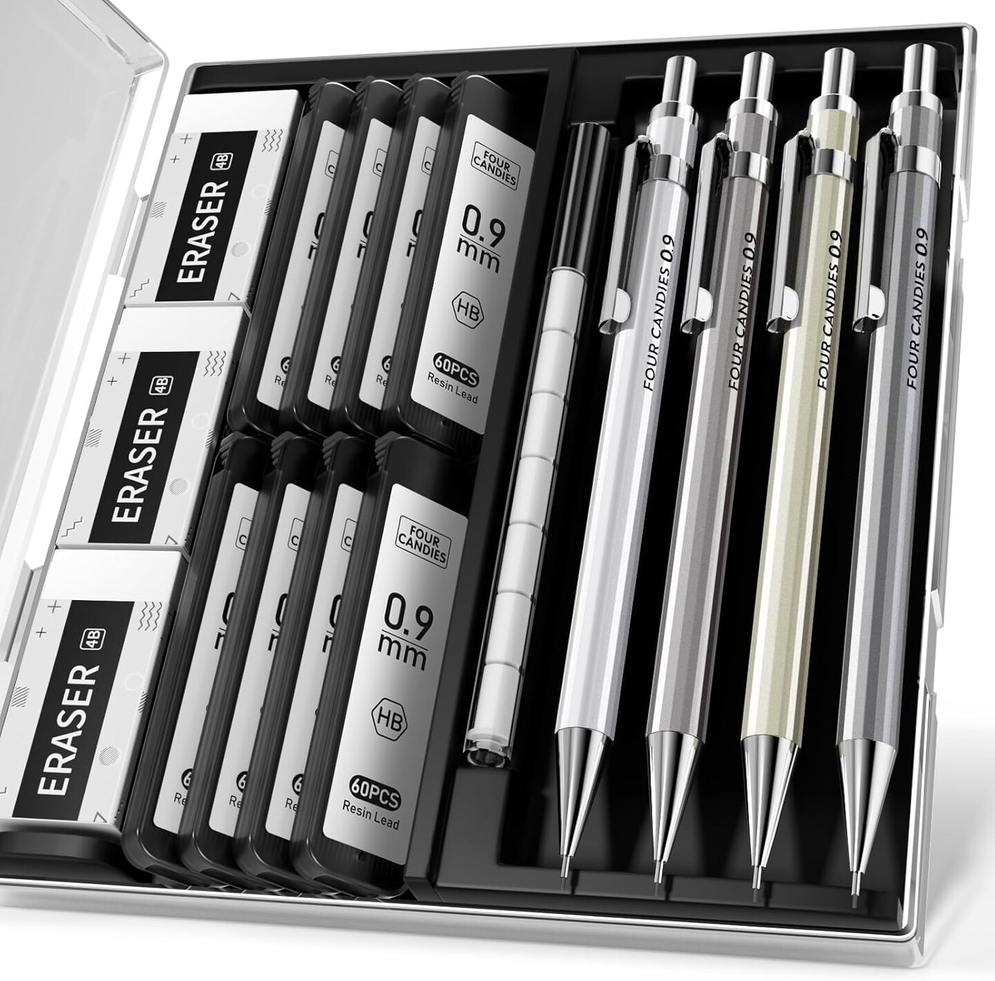 0.9mm Metal Mechanical Pencil Set with Case - 4PCS Fancy Mechanical Pencils, 8 Tubes HB #2 Lead Refills, 3PCS 4B Erasers and 9PCS Eraser Refills, Led Pencils Mechanical for Writing