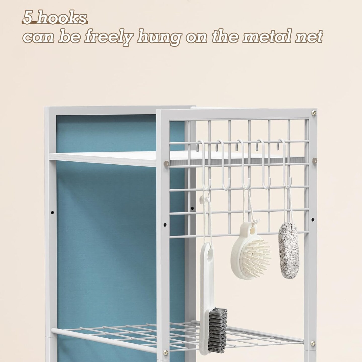 3-Tier Laundry Room Storage Rack with Hooks & Storage Bags - White Space-Saving Shelves for Detergent, Towels, Supplies - Multifunctional Organizer for Bathroom, Kitchen, Garage